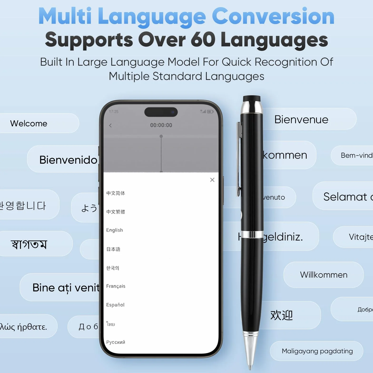 Stylo Enregistreur Vocal IA 64 Go Transcription Traduction Temps Réel Dictaphone APP Cloud Illimité Micro 360° Réduction Bruit Autonomie 10h
