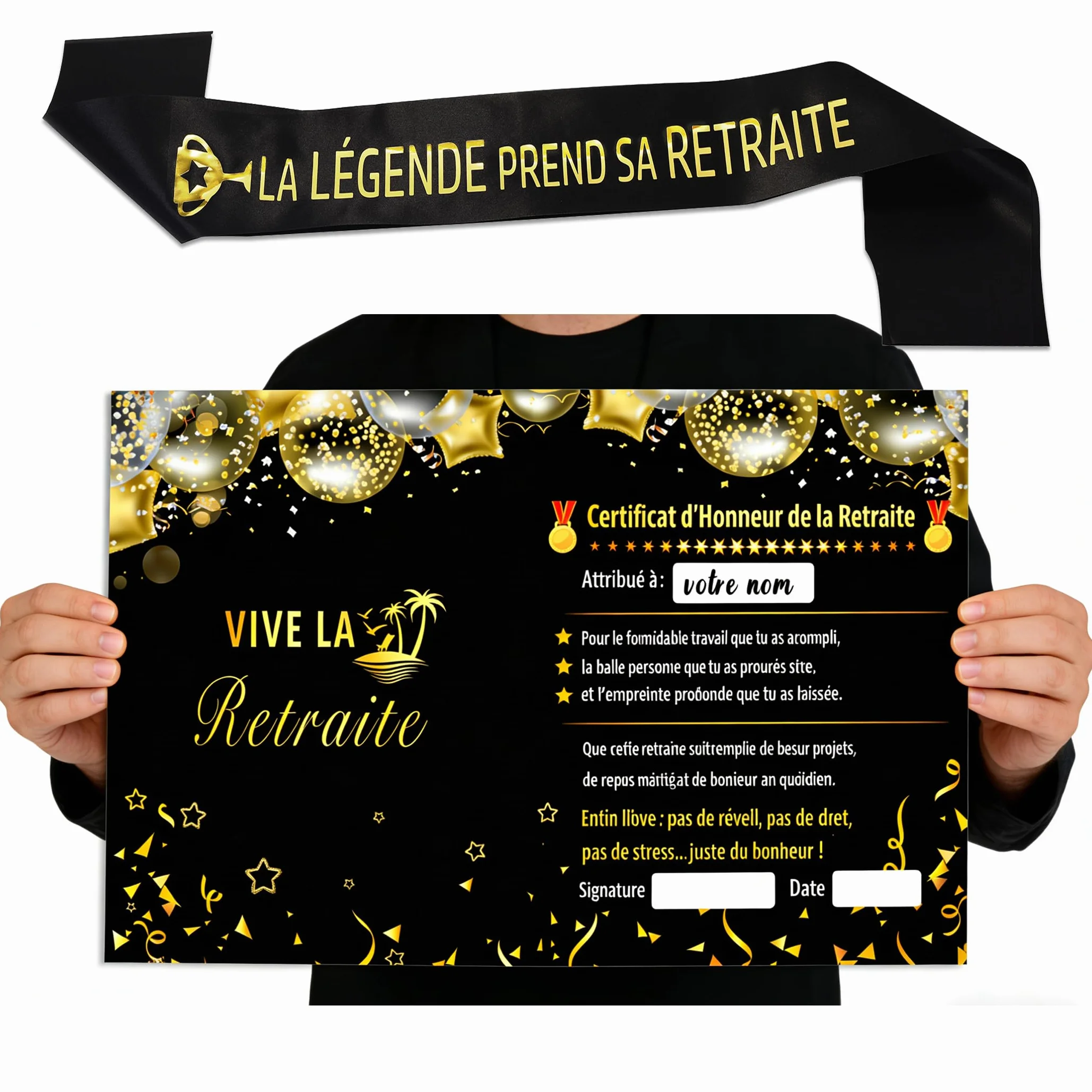 Set Humour XXL Carte de Vœux Retraite Écharpe Médaille Palme Dorée Idée Cadeau Originale