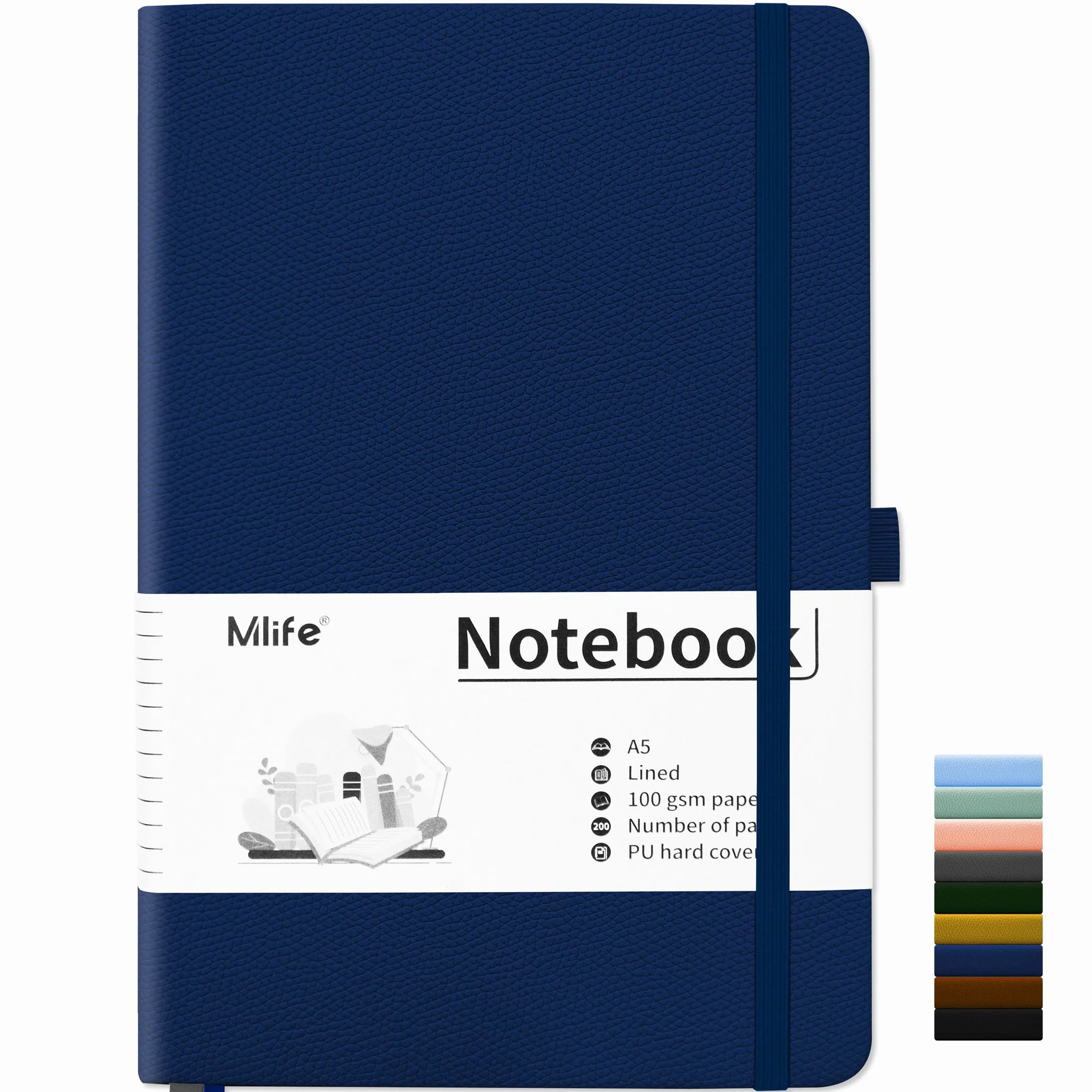 Mlife Carnet de Notes ligné A5 200 Pages PU Hard Cover Notebook Papier 100 g/m² Bleu