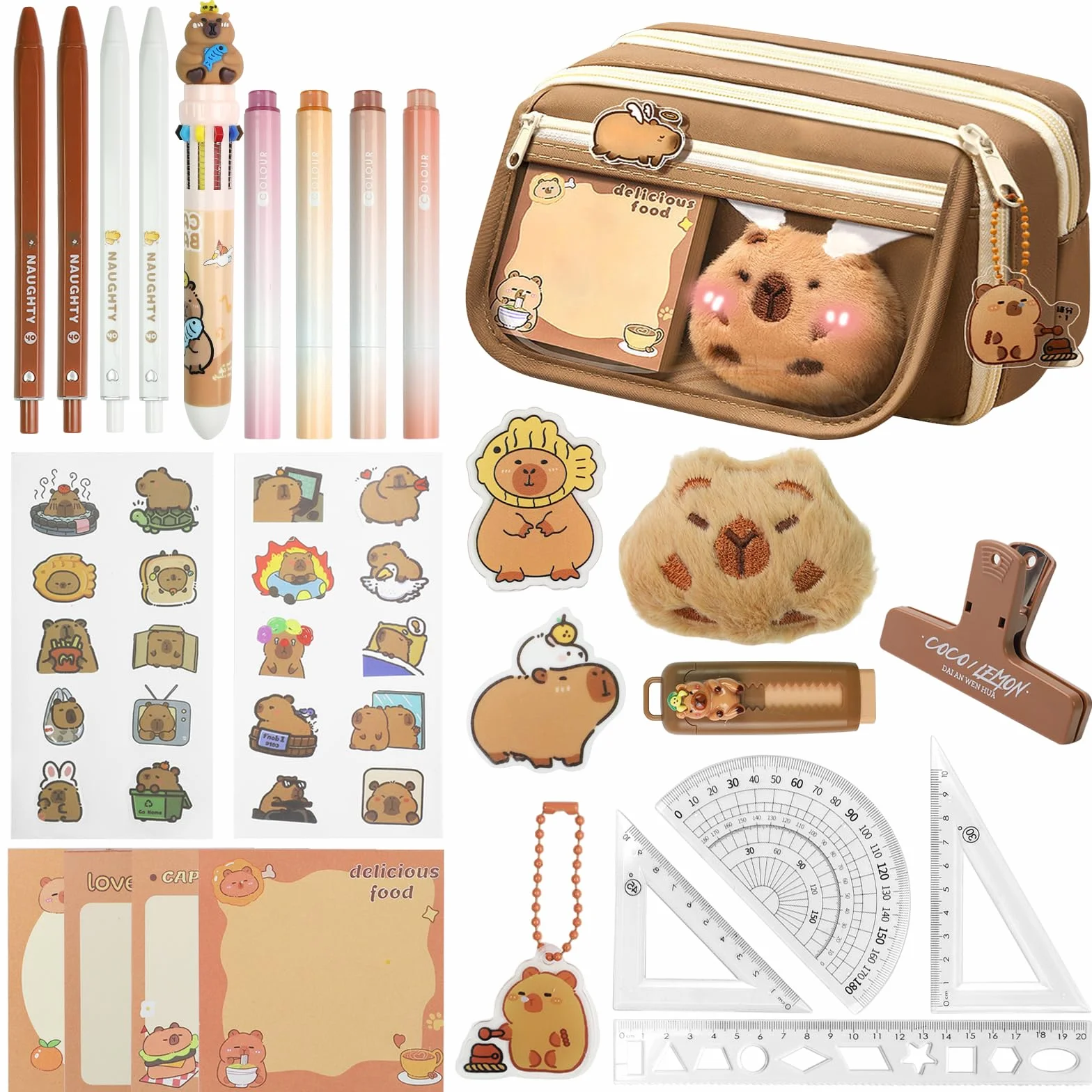 Ensemble Papeterie Capybara 26 Pièces Trousse à Crayons Kawaii Stylos Règle Autocollants Rentrée Scolaire