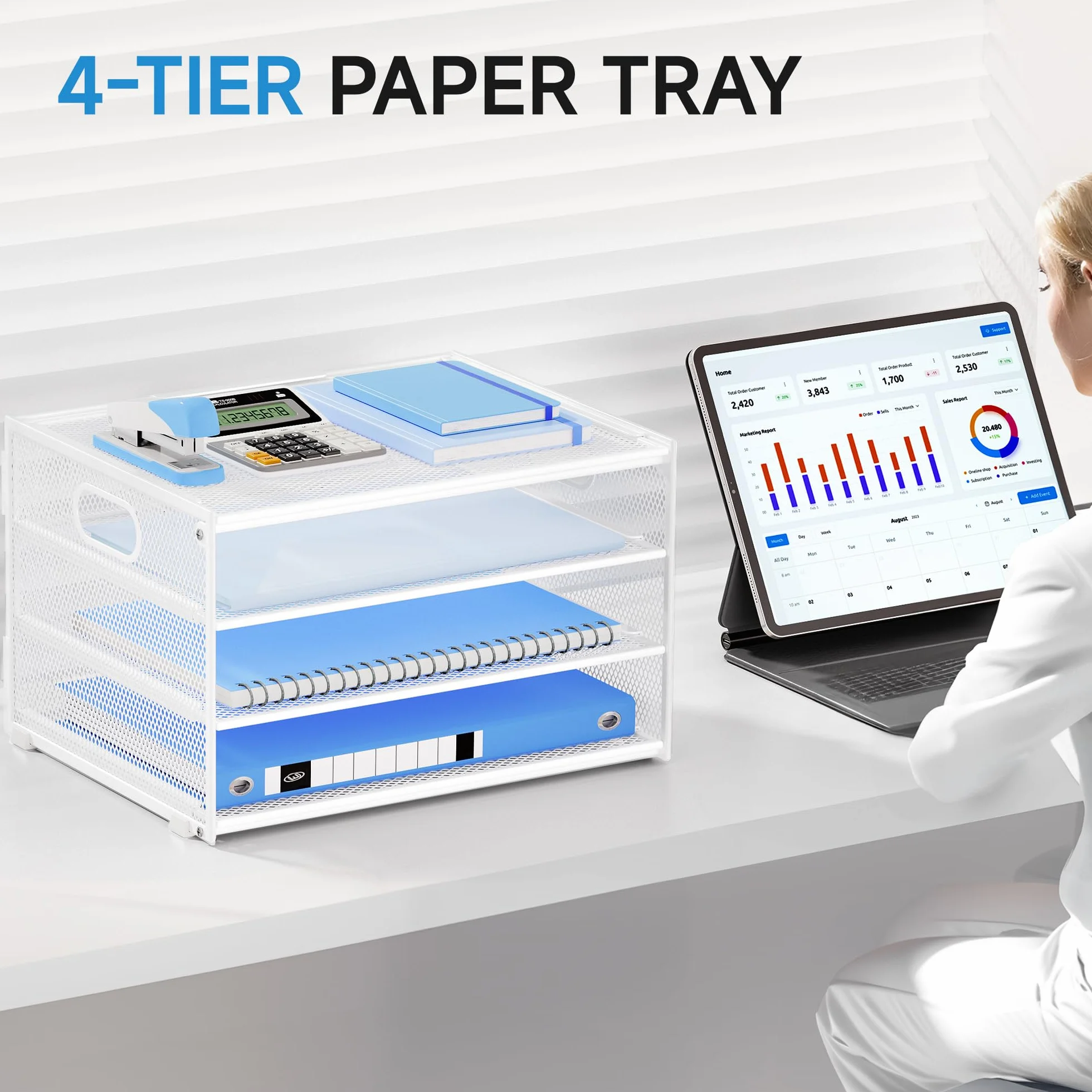 Marbrasse Organiseur de Bureau 4 Niveaux Corbeilles à Courrier en Filet avec Poignée Porte-Revues Support de Rangement pour Papier Blanc