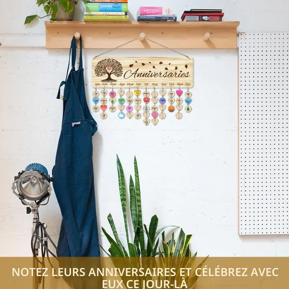 Arbre de Vie Calendrier d'Anniversaire en Bois avec 100 Étiquettes, 40x12cm, Décoration Murale Suspendue pour Saint-Valentin