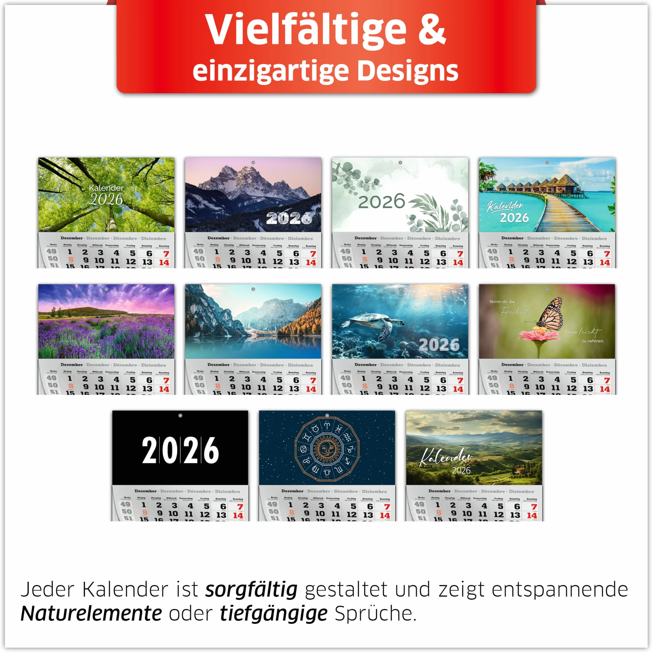 Primus Print Calendrier mural XXL 2026 4 mois avec curseur de date à suspendre jours fériés vacances motifs signe du zodiaque