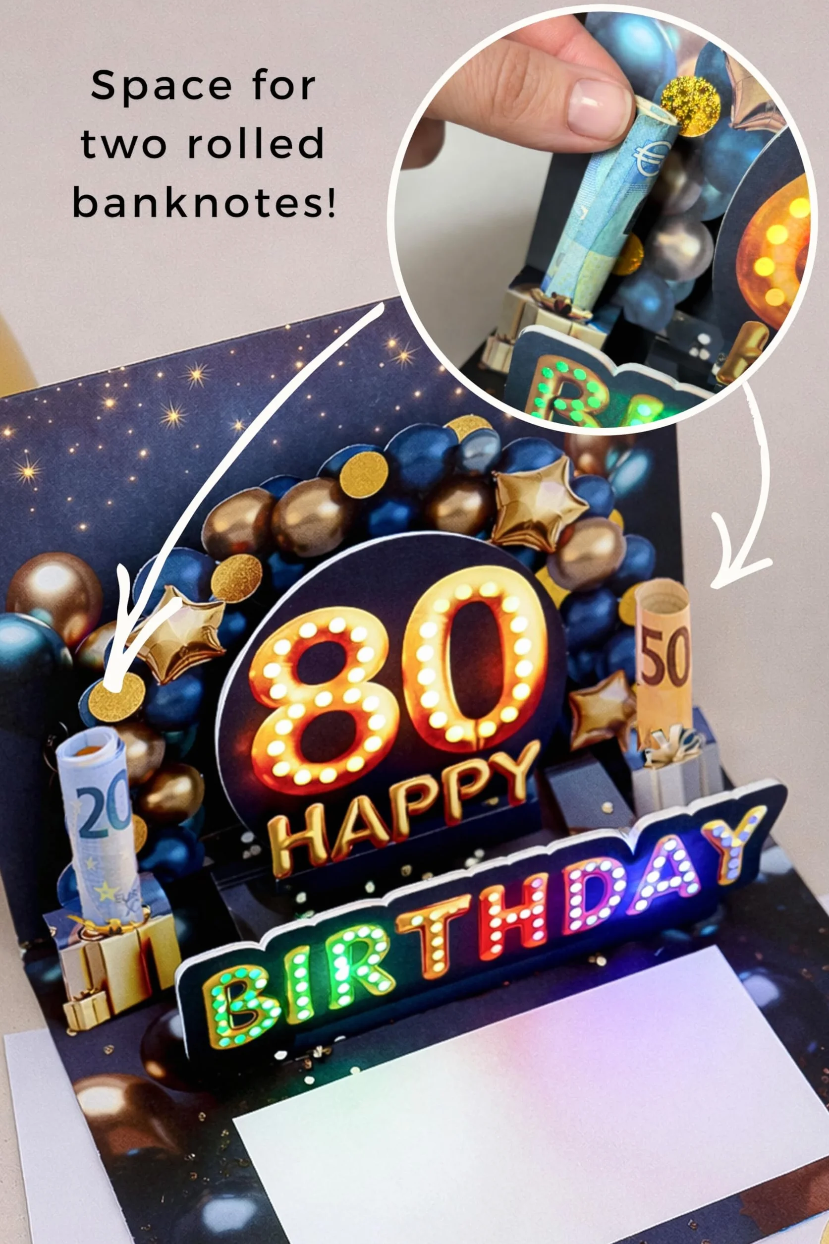 Carte anniversaire 80 ans avec musique et lumière – Carte pop up 3D pour homme, 20 x 15 cm, enveloppe et autocollant