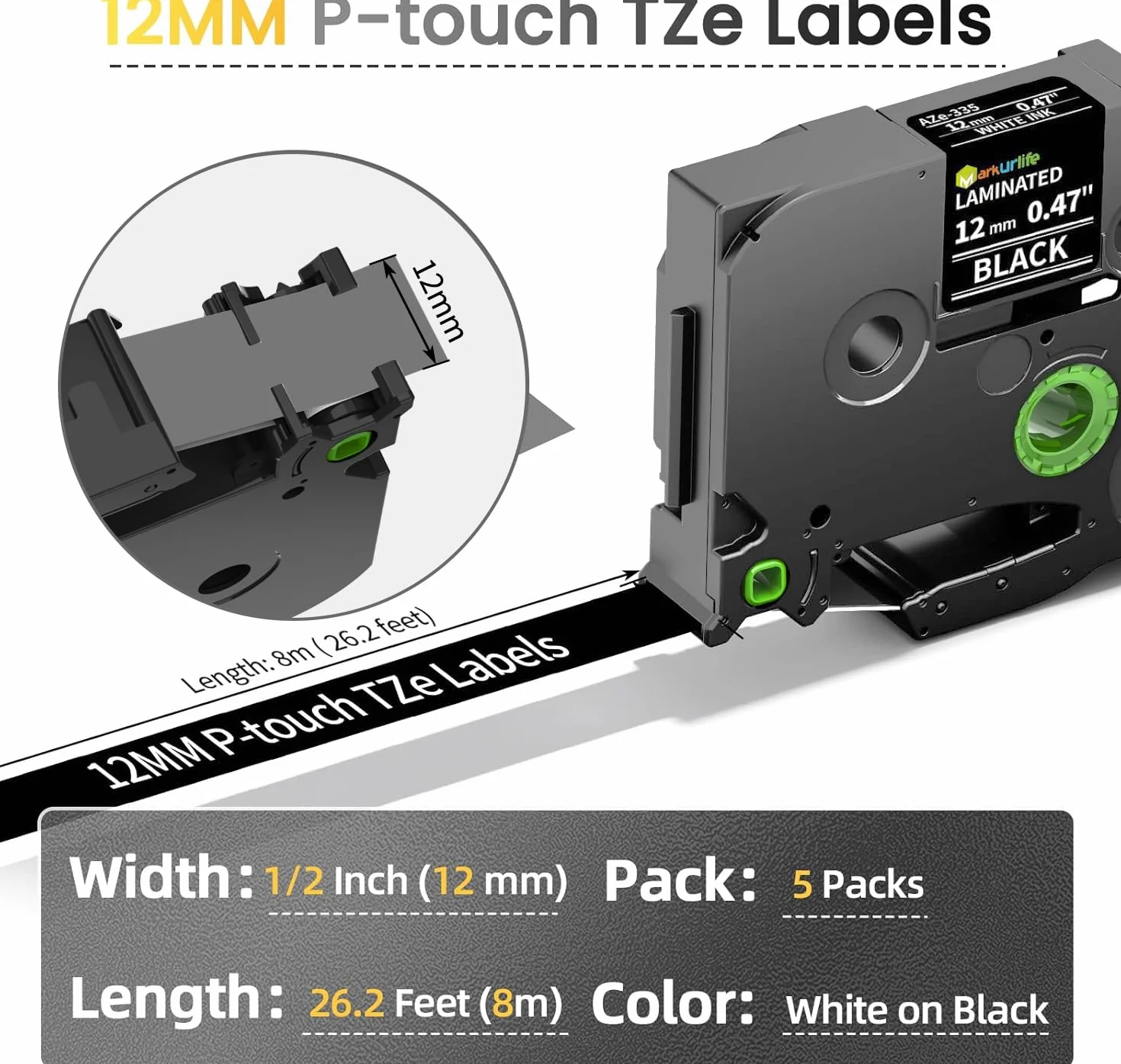 Ruban Cassette Compatible Brother P Touch TZe-335 TZ335 12mm Blanc sur Noir Cartouche Recharge Étiqueteuse