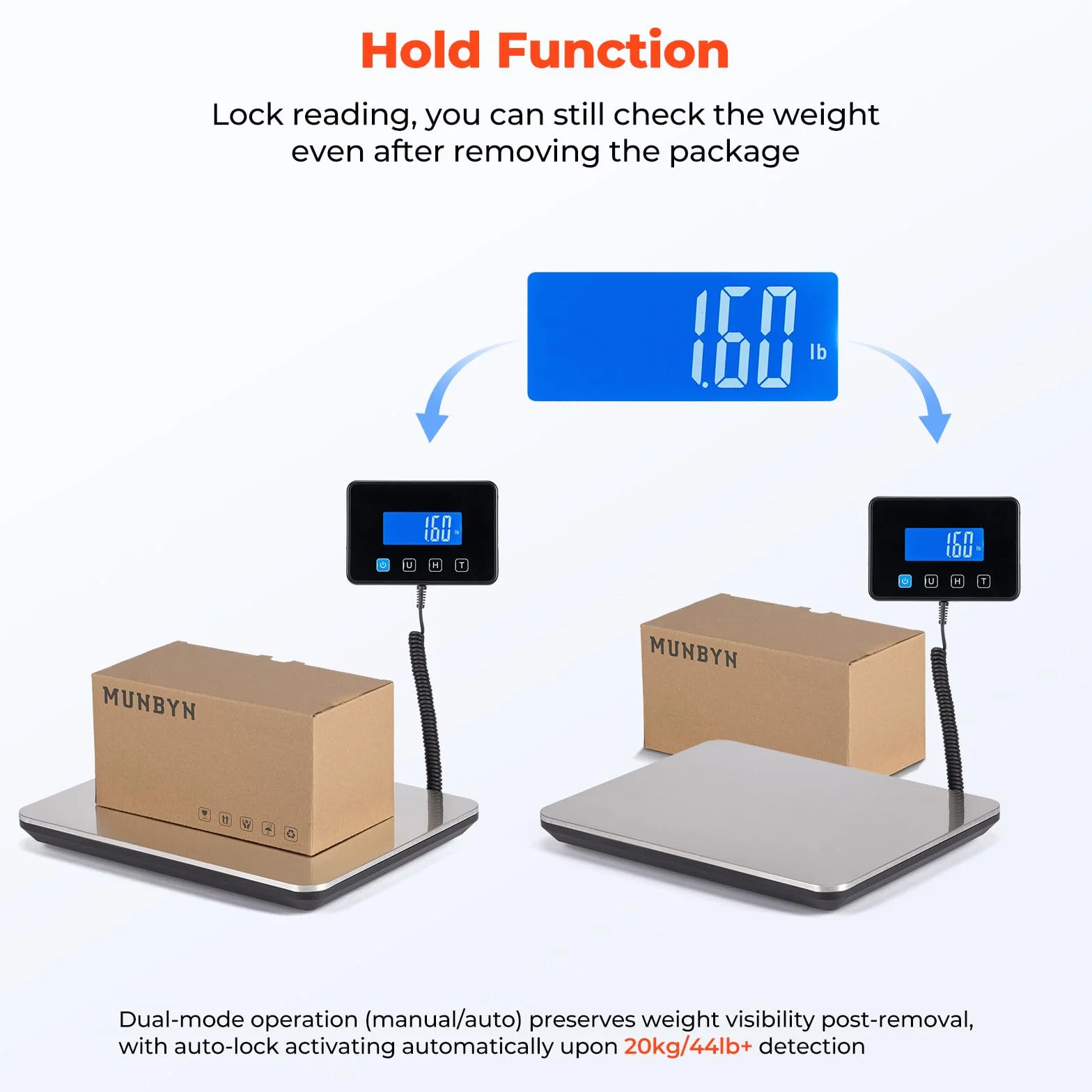 MUNBYN Balance Colis 200kg/440lbs Professionnelle Électronique avec Hold/Tare, Support Pliable, LCD