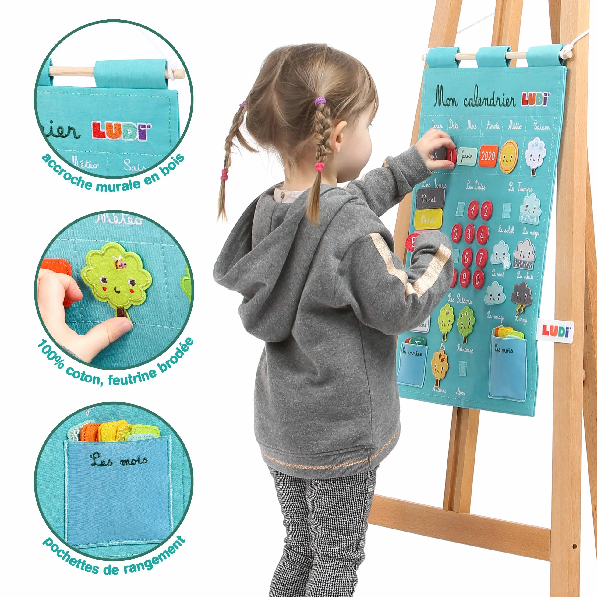 LUDI Calendrier éducatif bleu en tissu brodé 45 étiquettes amovibles à scratch 40 x 53 cm dès 3 ans