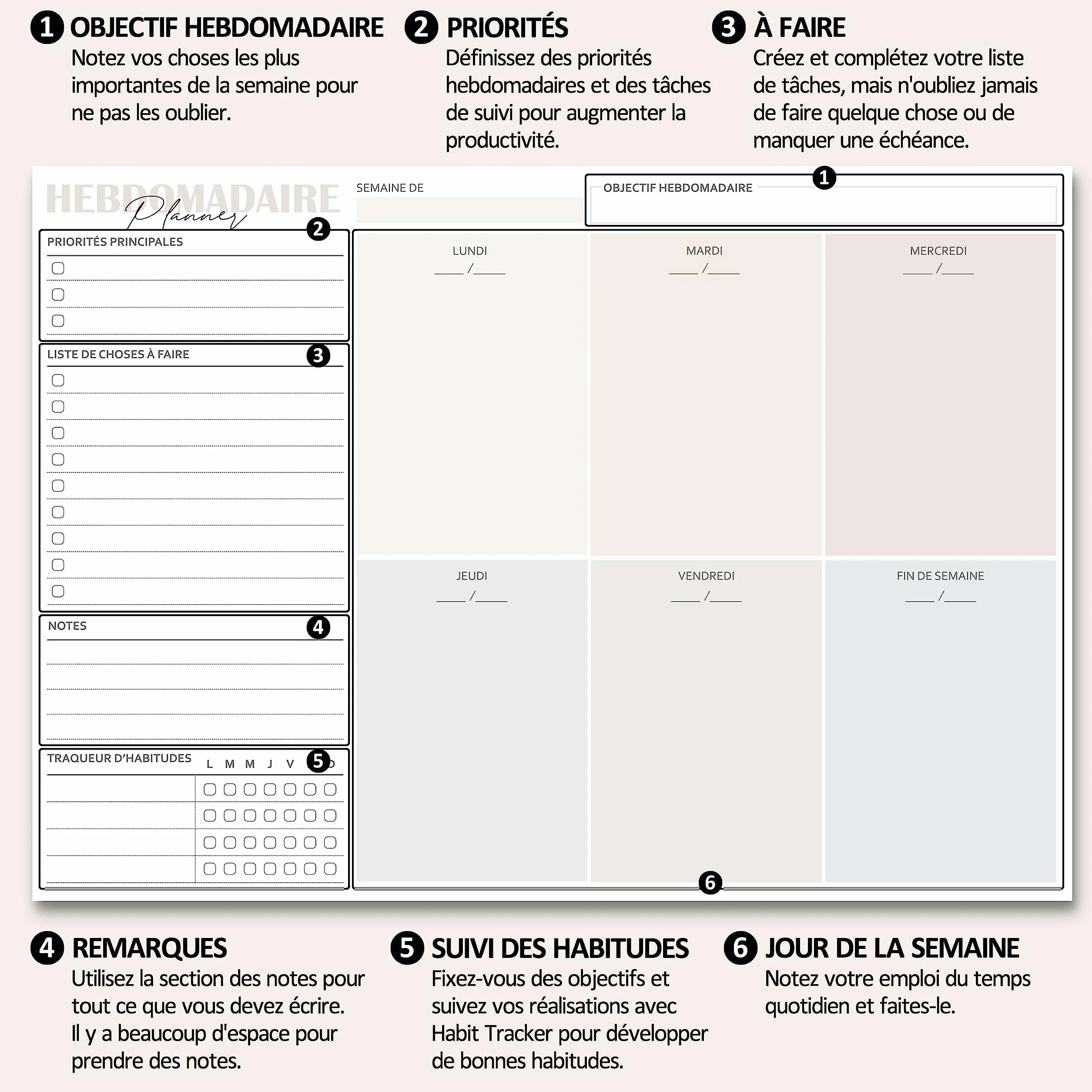Biroyal Bloc planificateur hebdomadaire A4 sans date fixe 50 pages 2026 calendrier suivi des habitudes rendez-vous