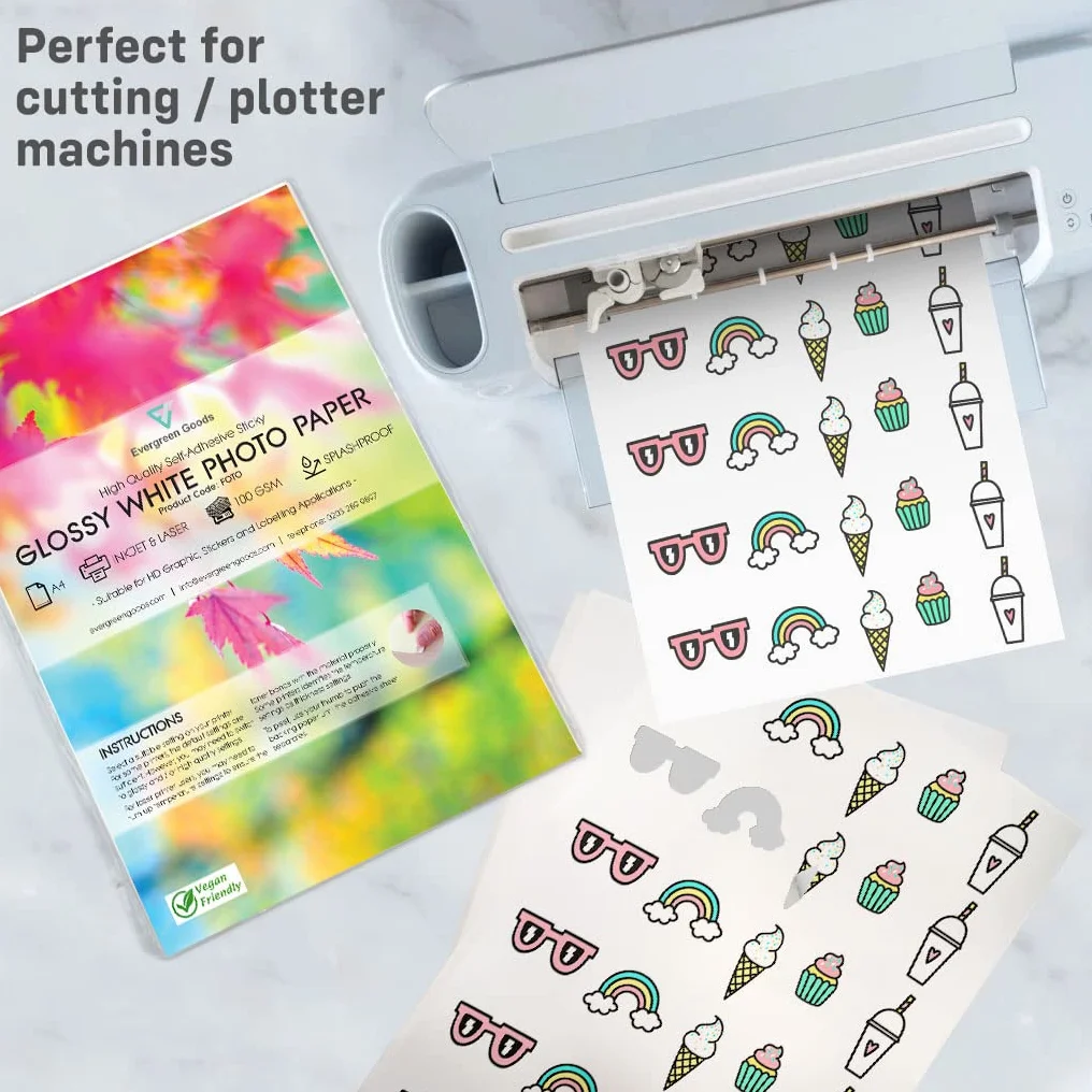 Evergreen Goods A4 Papier Autocollant Brillant Imprimable 100 gsm Résistant aux Éclaboussures Jet d'Encre et Laser Feuilles Autocollantes Recyclables Blanches
