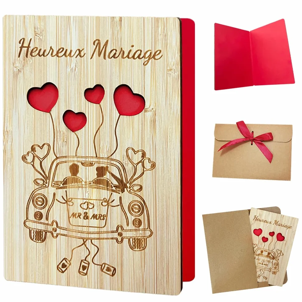 Carte de Vœux Mariage en Bois Originale avec Enveloppe, Carte Félicitation Mariage