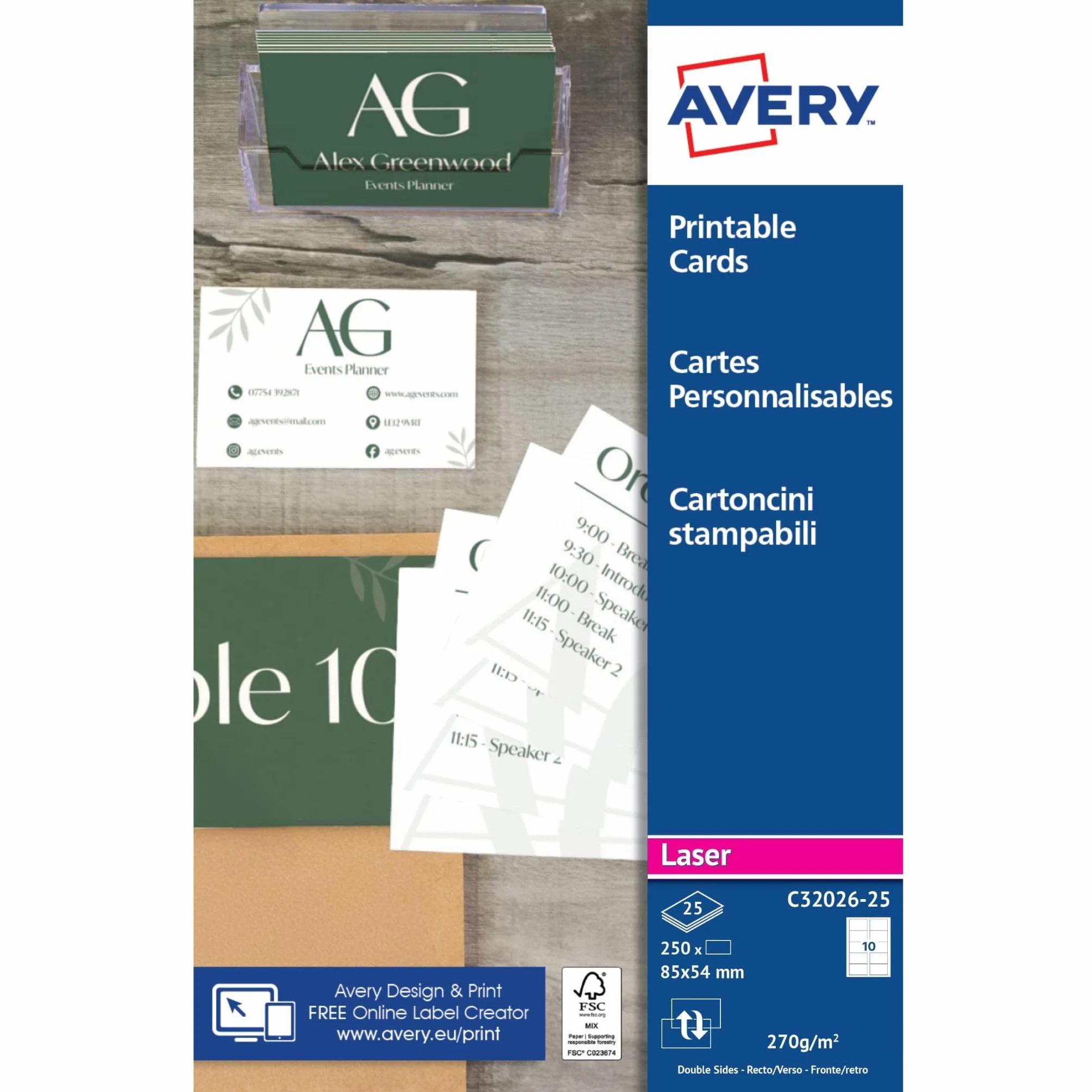 AVERY Pochette cartes de visite 250 pièces 85x54 mm 270g/m² satinée recto verso impression laser