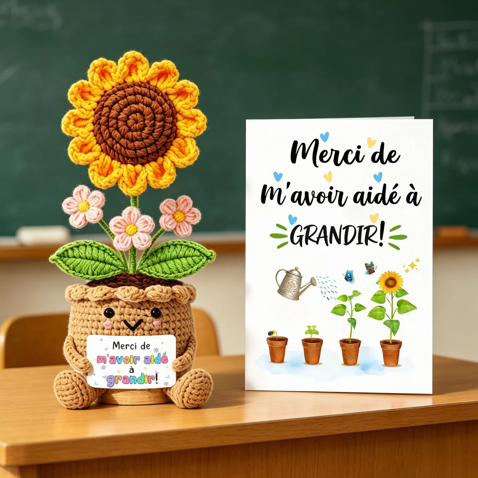Tournesol au Crochet Fait Main Cadeau pour Éducatrice de Garderie - Fleur Éternelle avec Carte de Remerciement
