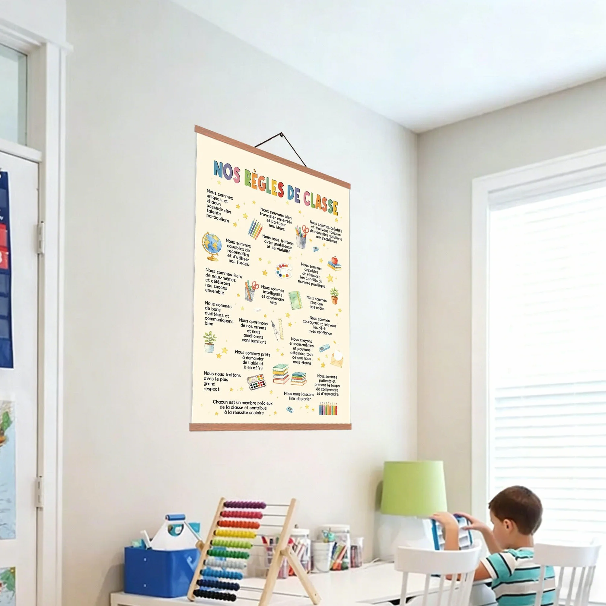 Affiche Règles de Classe A2 avec Porte-Affiche Aimanté en Teck, 40x60 cm Poster Toile Éducative pour École Primaire
