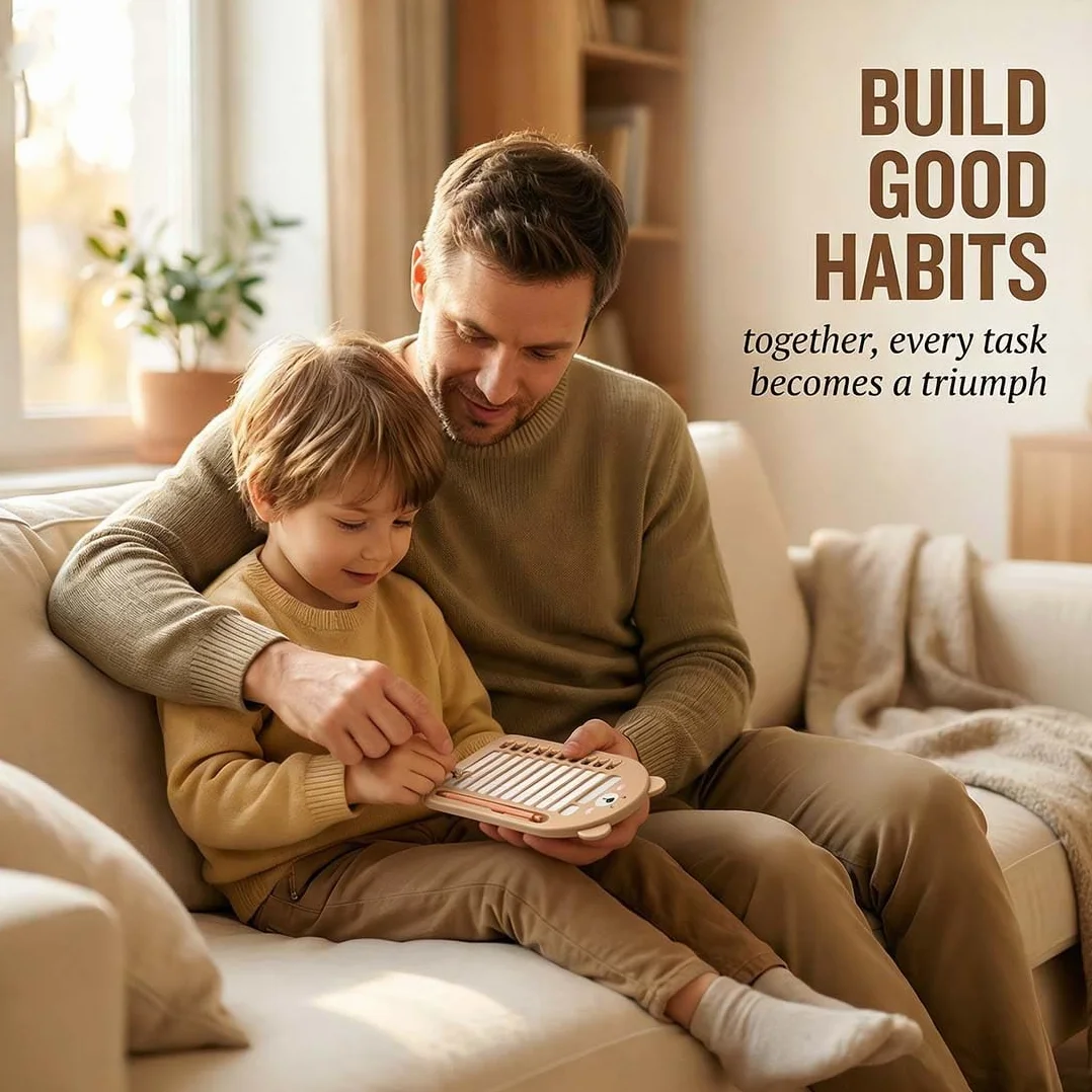 Tableau de Tâches à Faire pour Enfants, To Do List avec 13 Feuilles, Support et Stylo, Brun