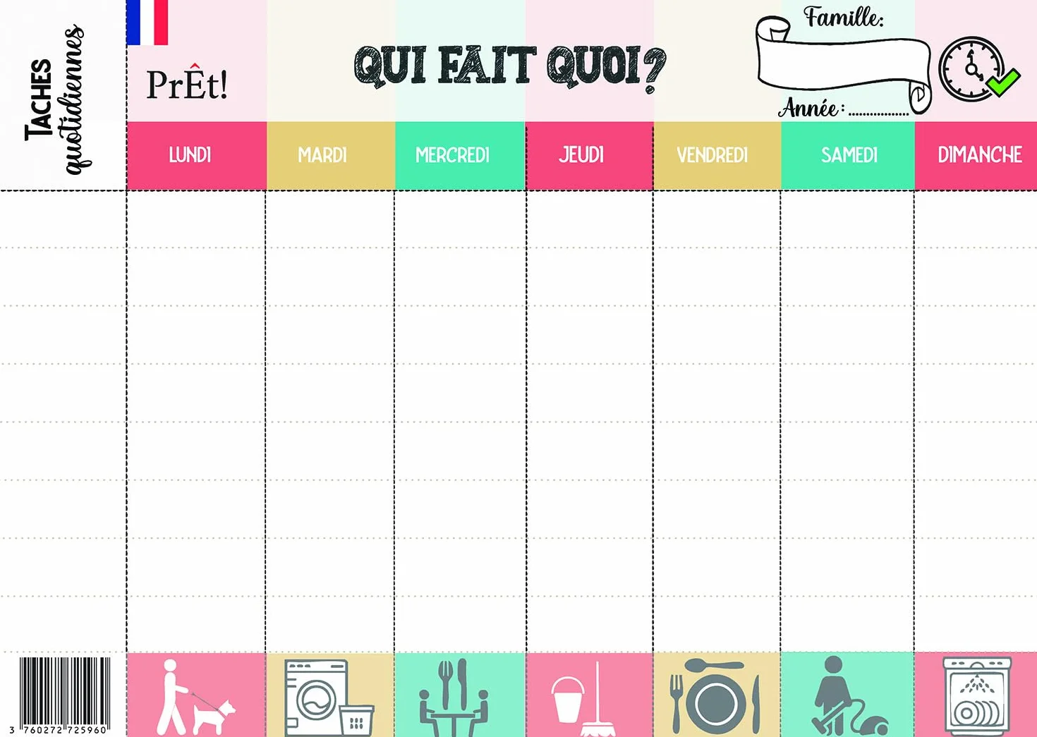 Calendrier Hebdomadaire Familial A3 à Remplir | Planning Mural Organisation Famille avec 8 Tâches Quotidiennes