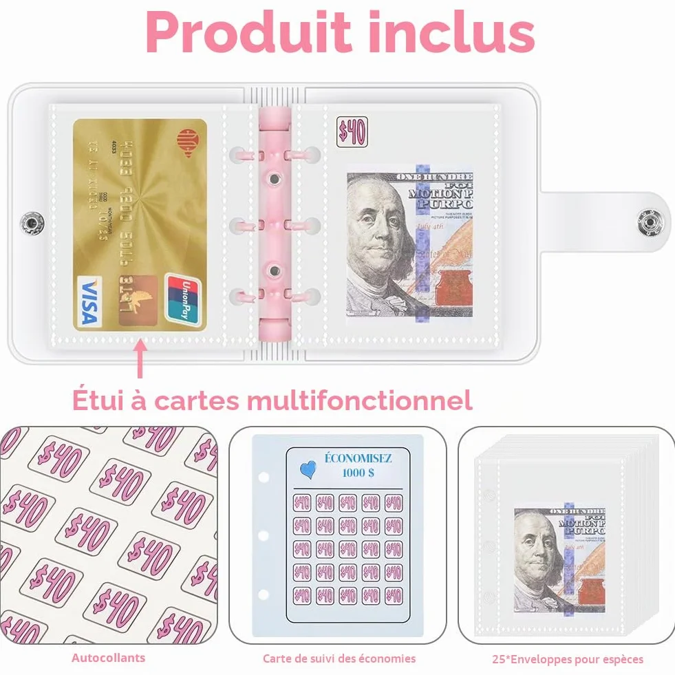 OFFCUP Mini Classeur Défi Épargne 25 Enveloppes Portefeuille Économiseur Argent 1000 $ Rose