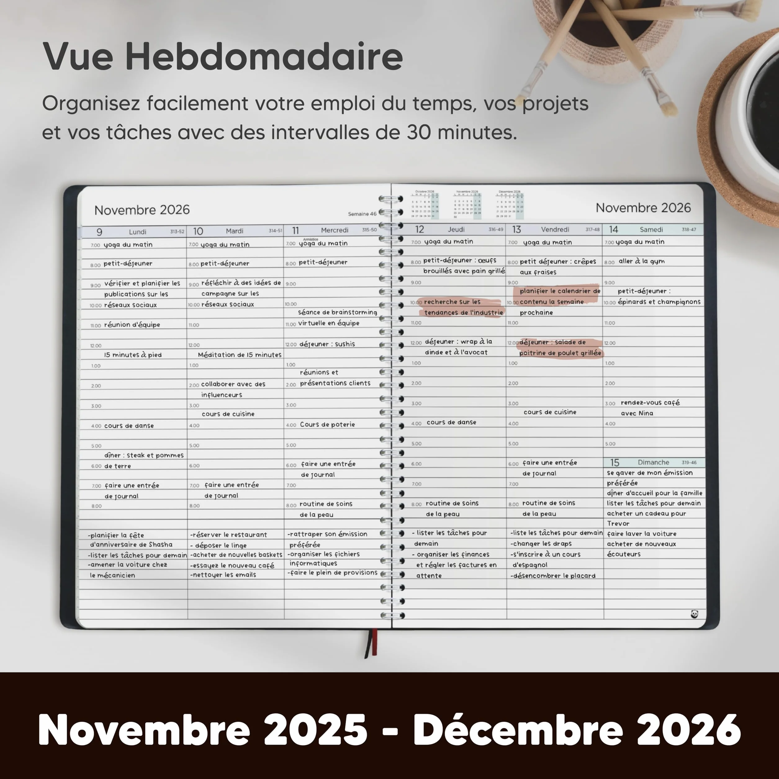 Smart Panda Agenda 2026 A4 Semainier Couverture Souple Intervalles 30 Minutes Planner Notes Français