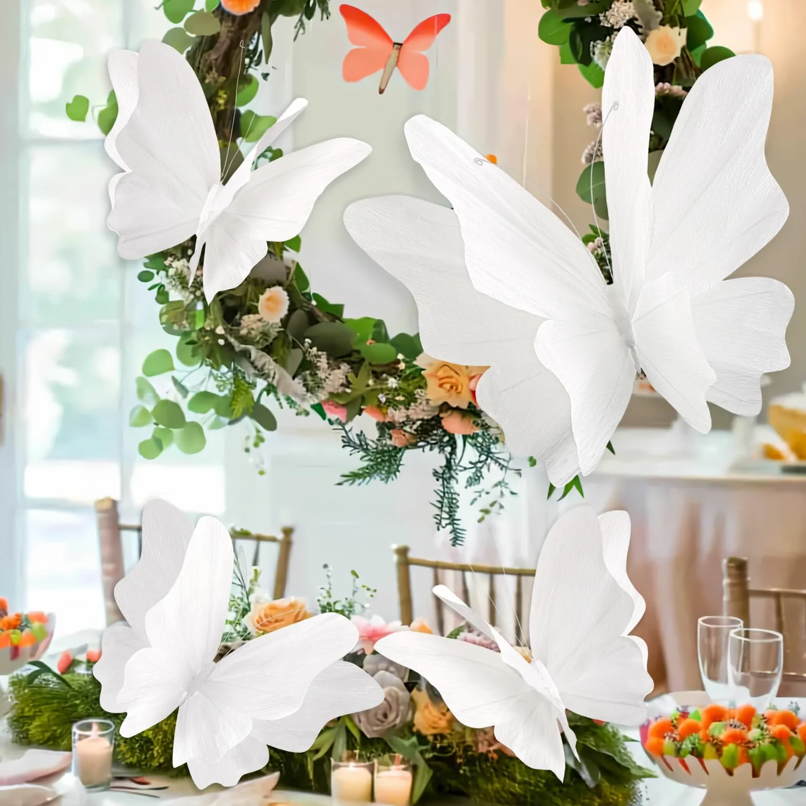 EASY JOY Lot de 4 Décorations 3D Papillons Blancs, Papillons en Papier Crépon Suspendus, Décoration Murale