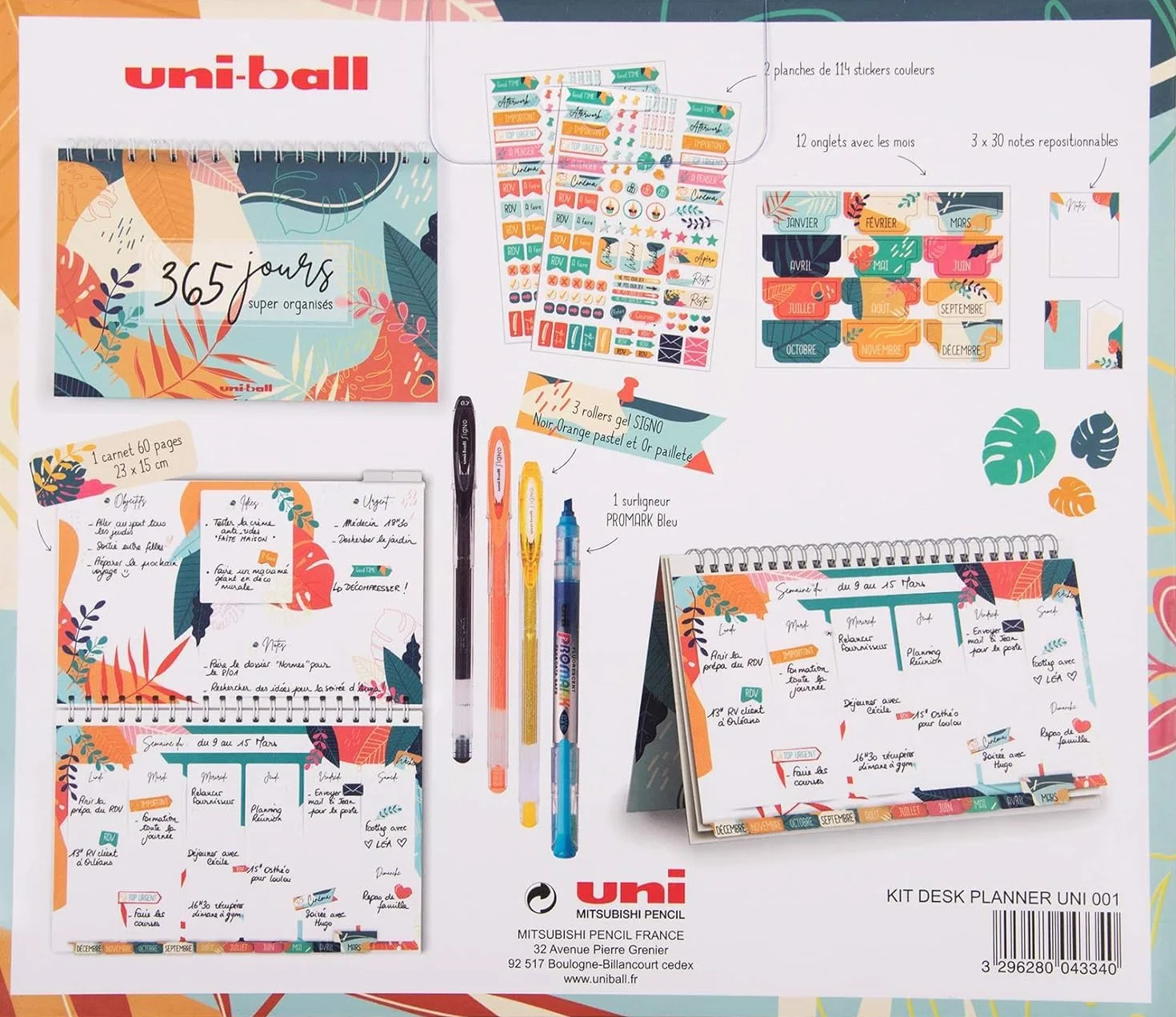 Mitsubishi Pencil uni-ball Weekly Planner Non Daté 60 Pages + 3 Rollers Gel Signo + Surligneur Promark Eye
