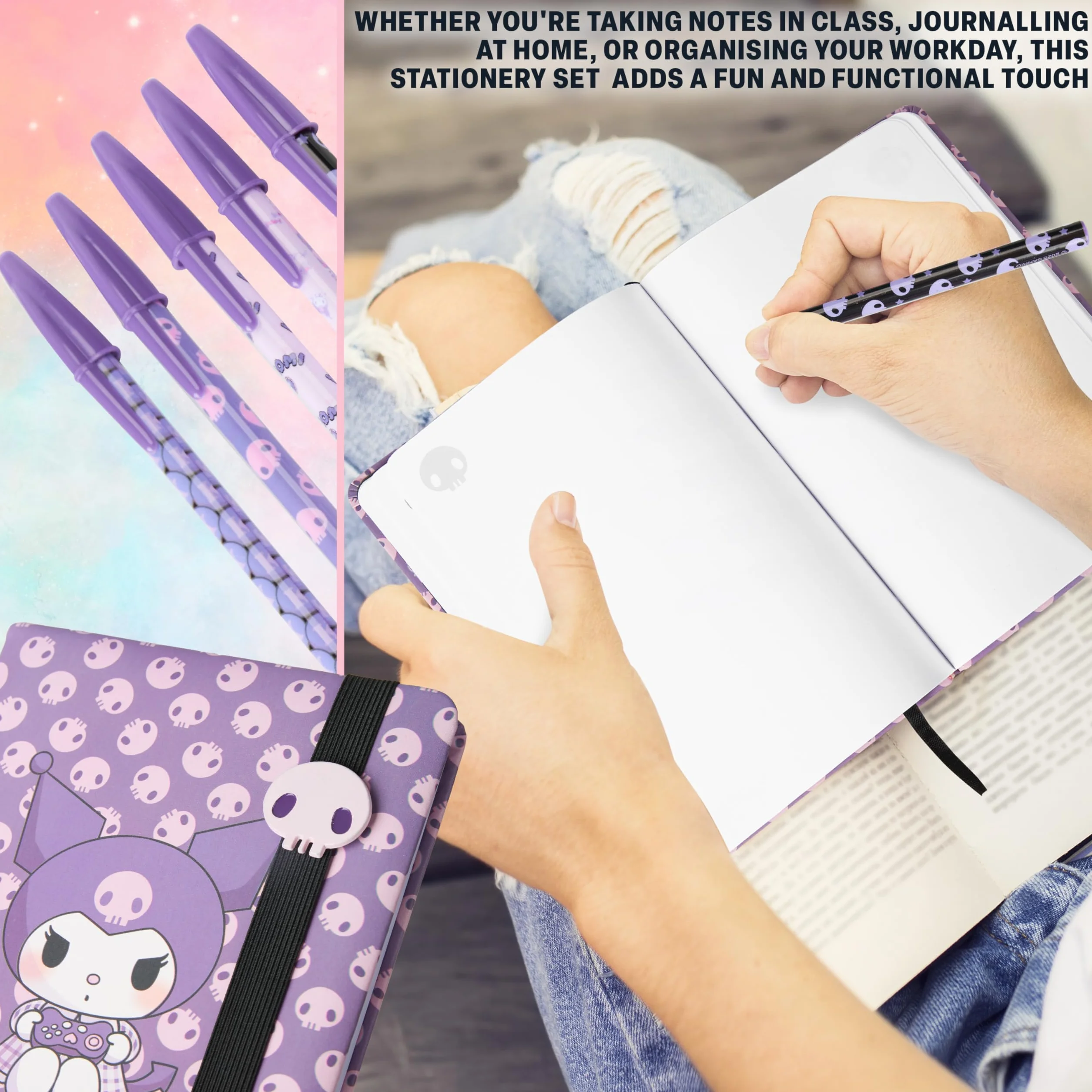 Sanrio Hello Kitty Kuromi Set Papeterie Cahier Trousse Kawaii Autocollants Stylos Bille Violet