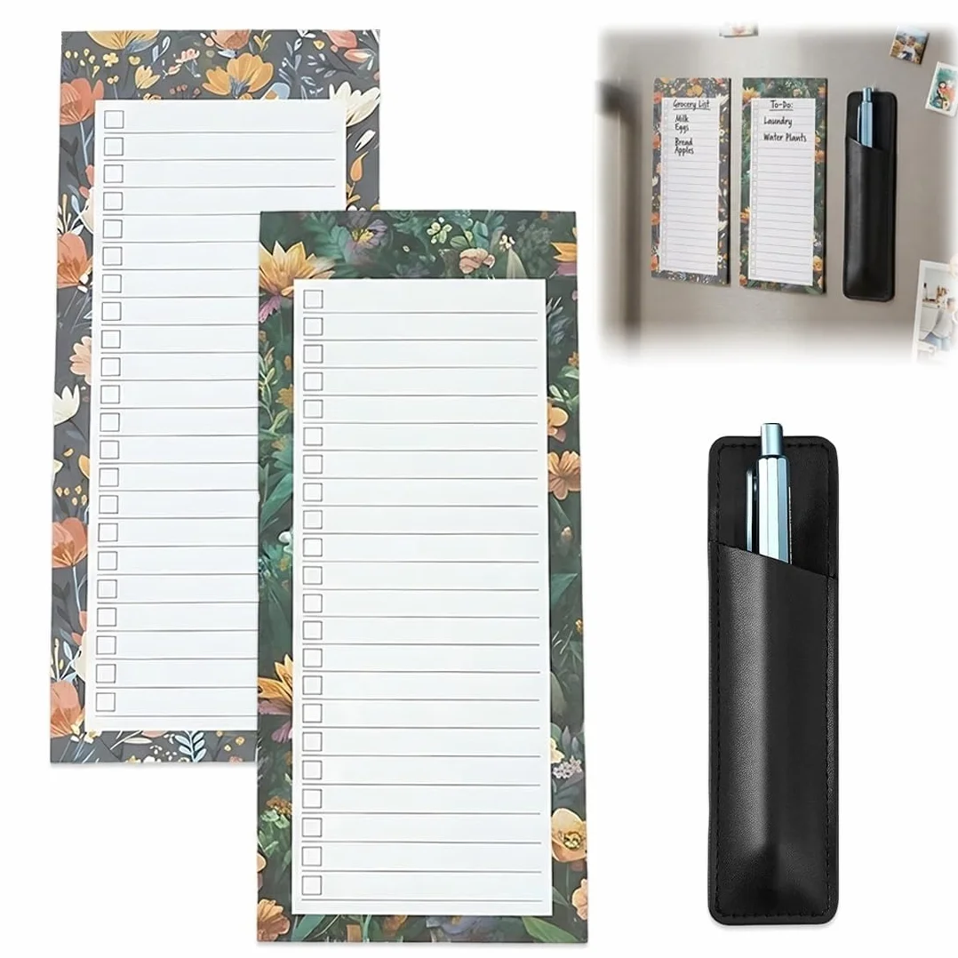 Bloc Note Magnétique Frigo 9x21cm, To Do List Organisateur, Sac À Stylo Magnétique, Liste De Courses, 2 Pièces