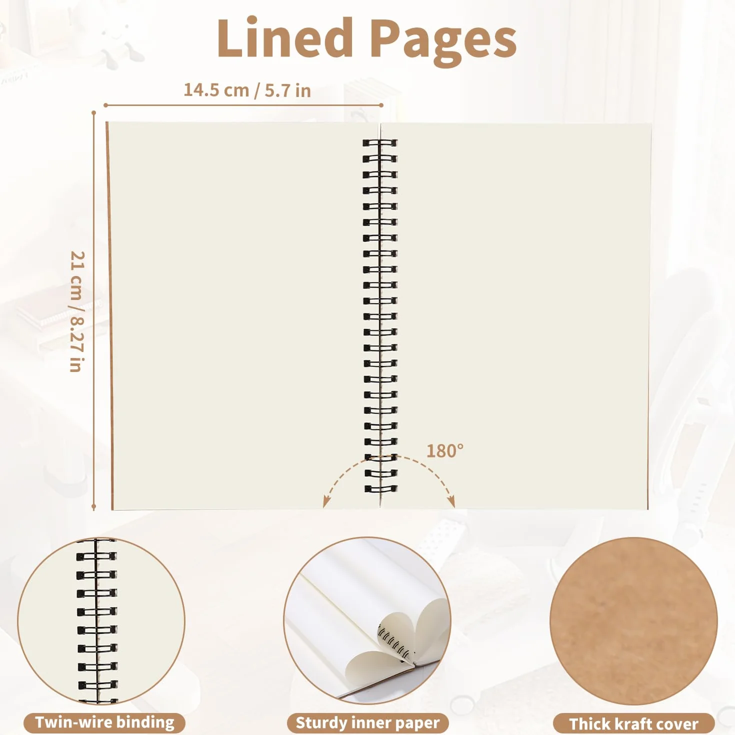 Cahier à Spirale A5 Lot de 5, 60 Feuilles/120 Pages, 80 g/m², Kraft Couverture, Carnet Dessin