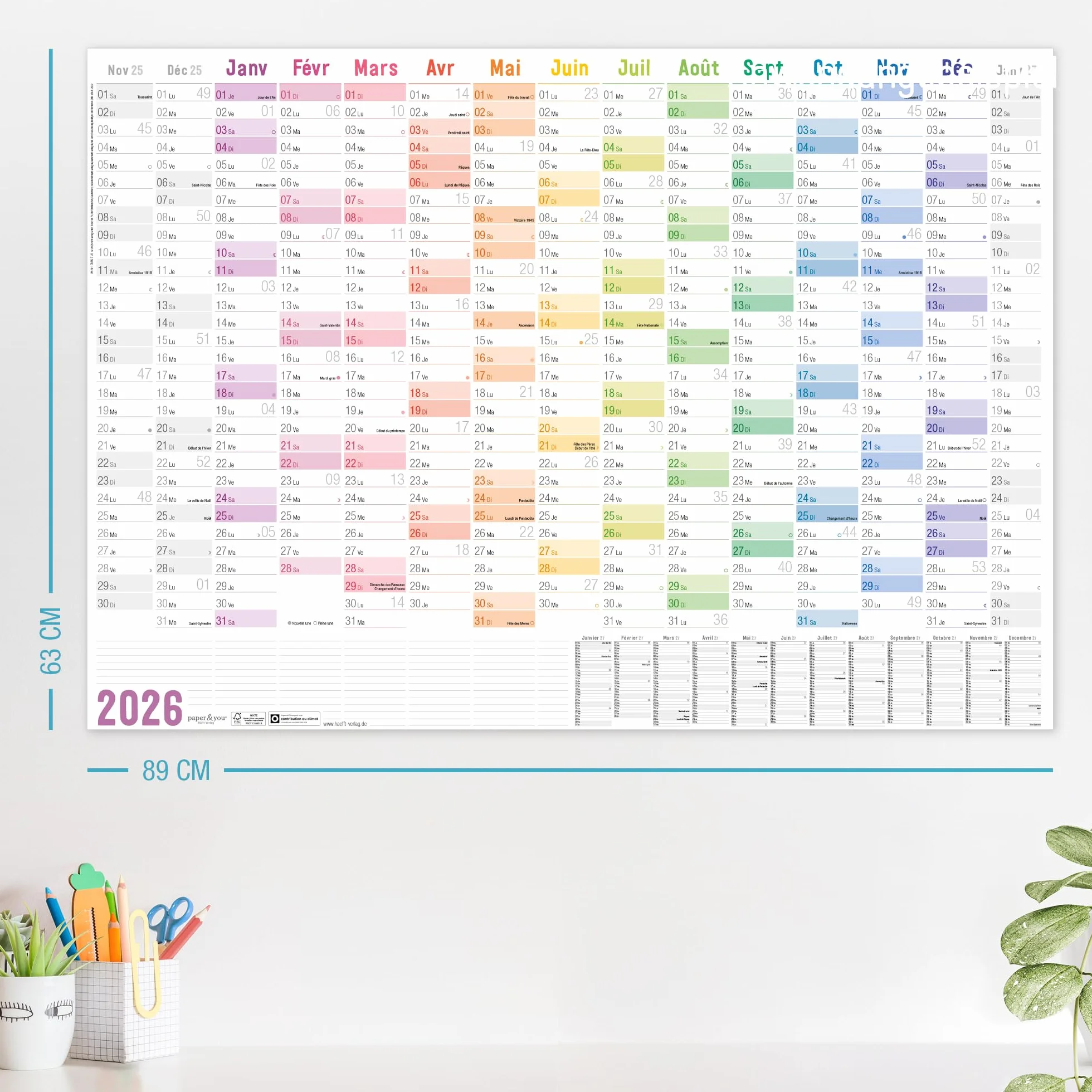 Häfft® Calendrier mural XXL 2026 A1+ 63 x 89 cm papier français Rainbow avec agenda annuel A4 gratuit jours fériés France