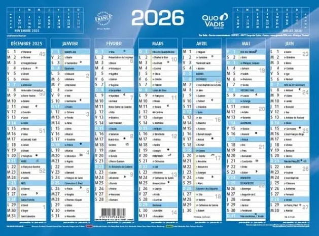 Quo Vadis Calendrier de Banque Bleu Janvier 2026 Décembre 2026 13,5 x 18 cm