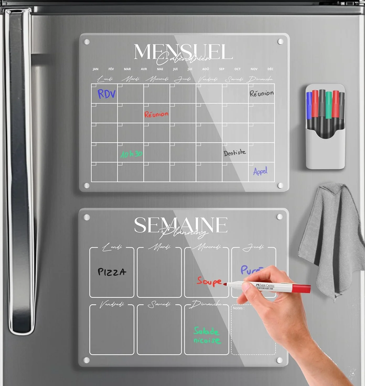 Calendrier Magnétique Frigo Transparent x2 Planificateur Hebdomadaire Mensuel Aimanté Tableau Organisateur Familial