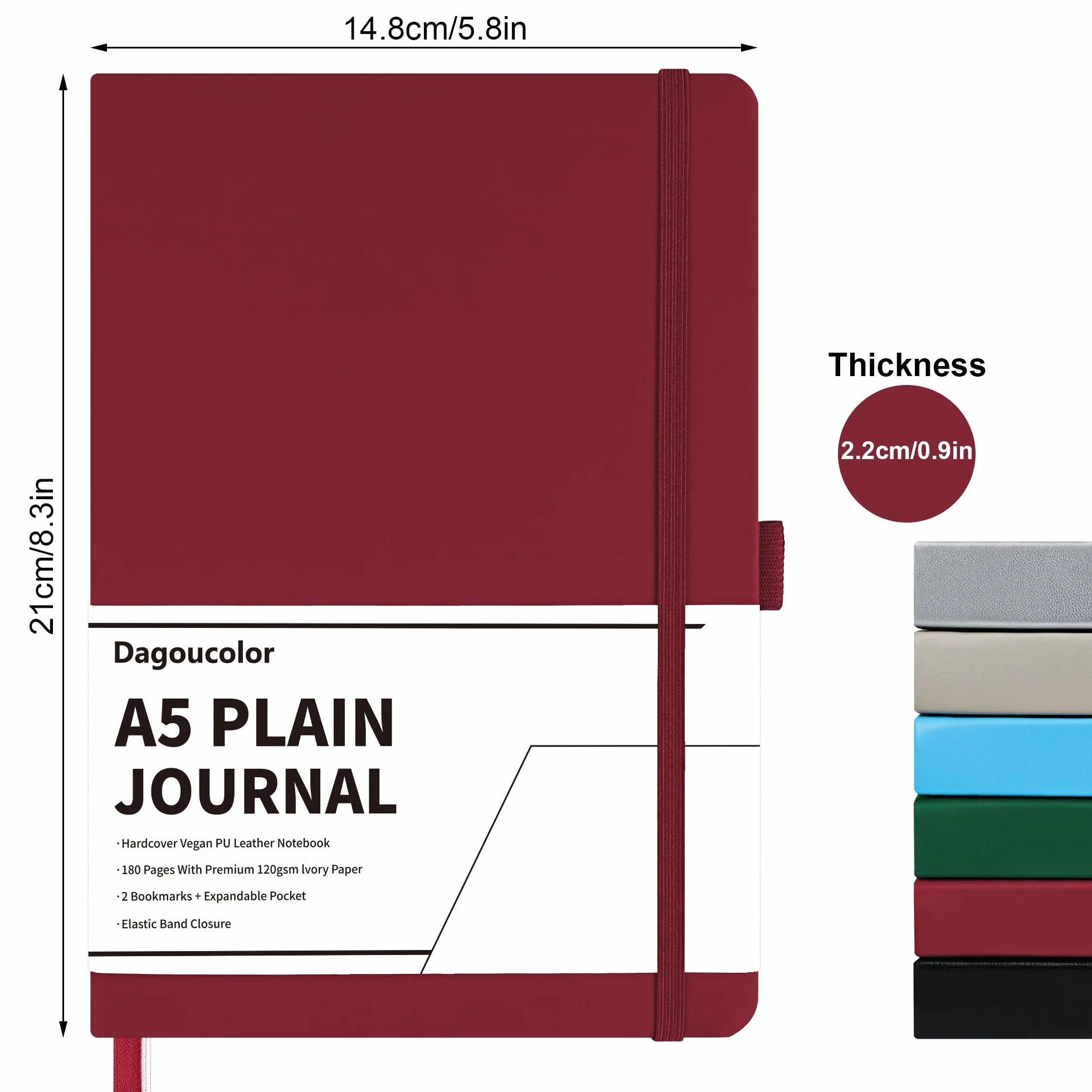 Carnet De Notes en Cuir PU A5 120GSM 90 Feuilles 180 Pages avec Poche et Fermeture de Bande élastique