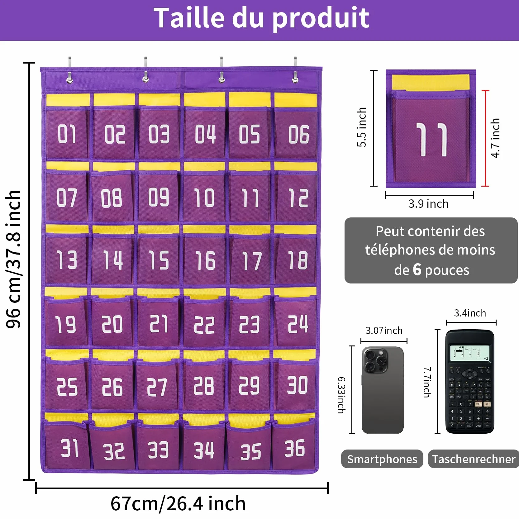 Tableau de classe numéroté 36 poches organiseur mural avec crochets pour téléphone et calculatrice Noir
