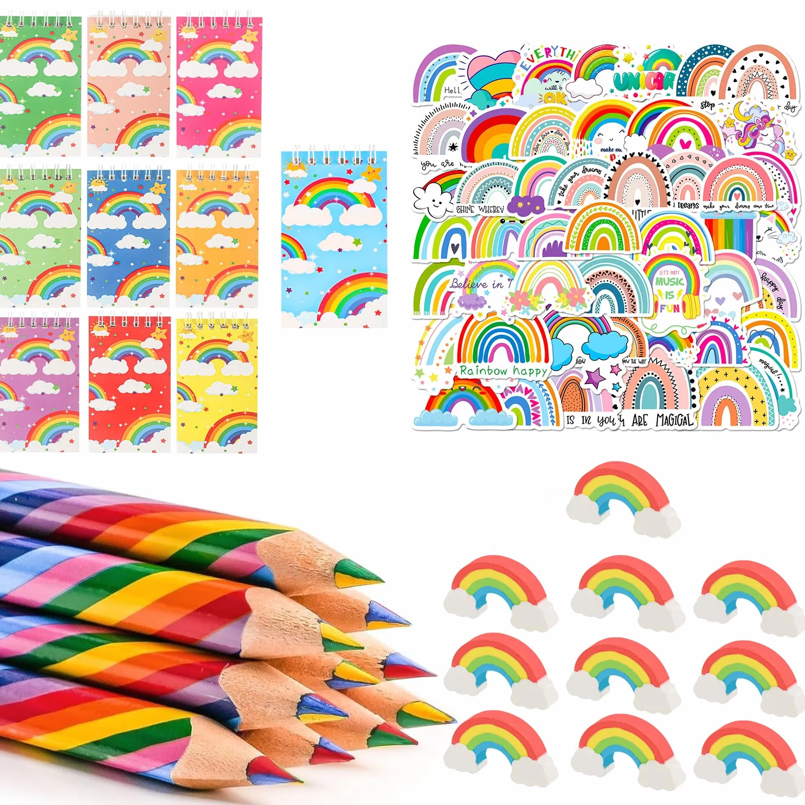 Jeu Fournitures Scolaires Arc-en-ciel 80Pcs, Crayons Couleur, Bloc-notes Spirale, Gomme, Autocollants, pour Salle Classe