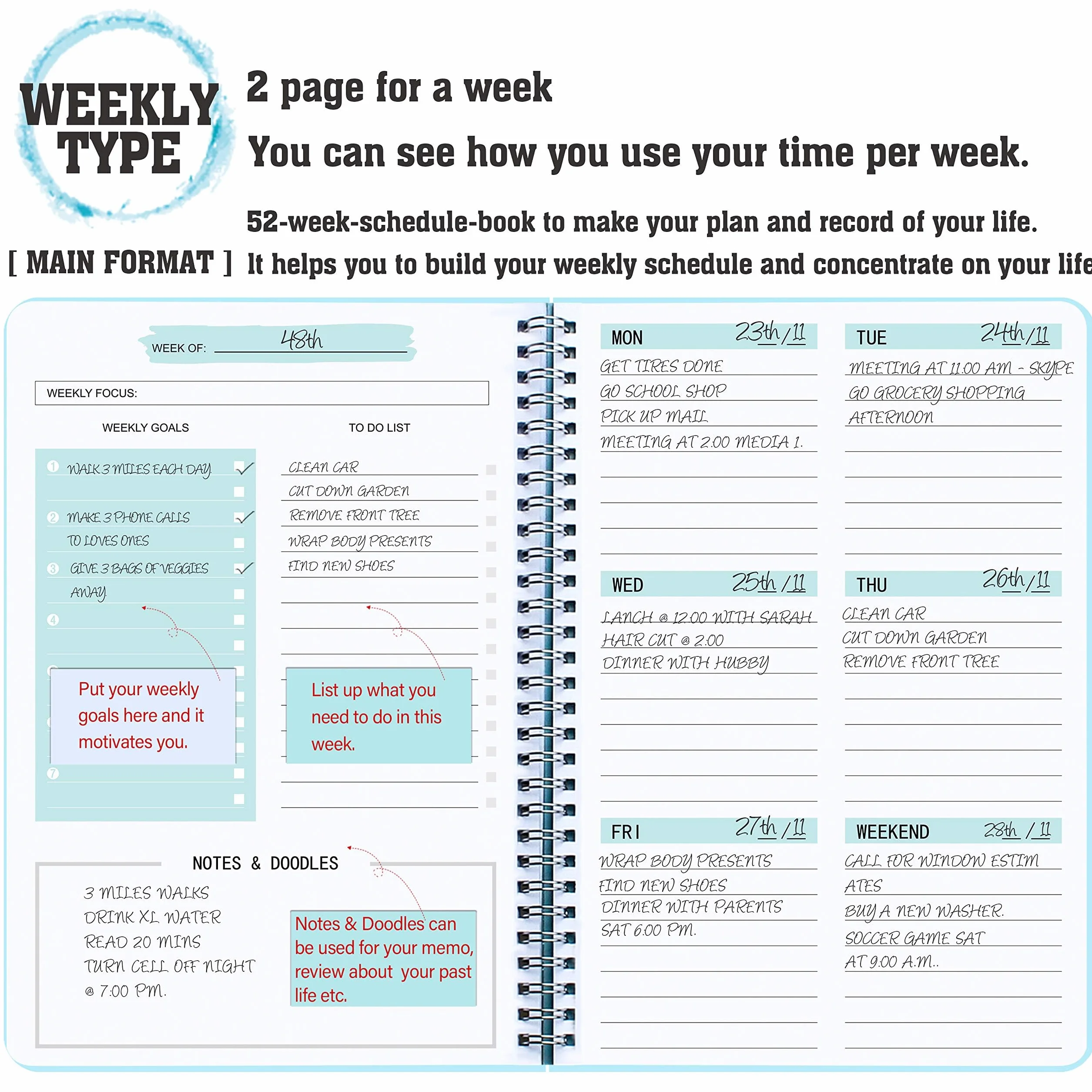 Planificateur Hebdomadaire A5 Non Daté 52 Pages Spirale Couverture Rigide avec Stickers To Do List Habit Tracker Rosé