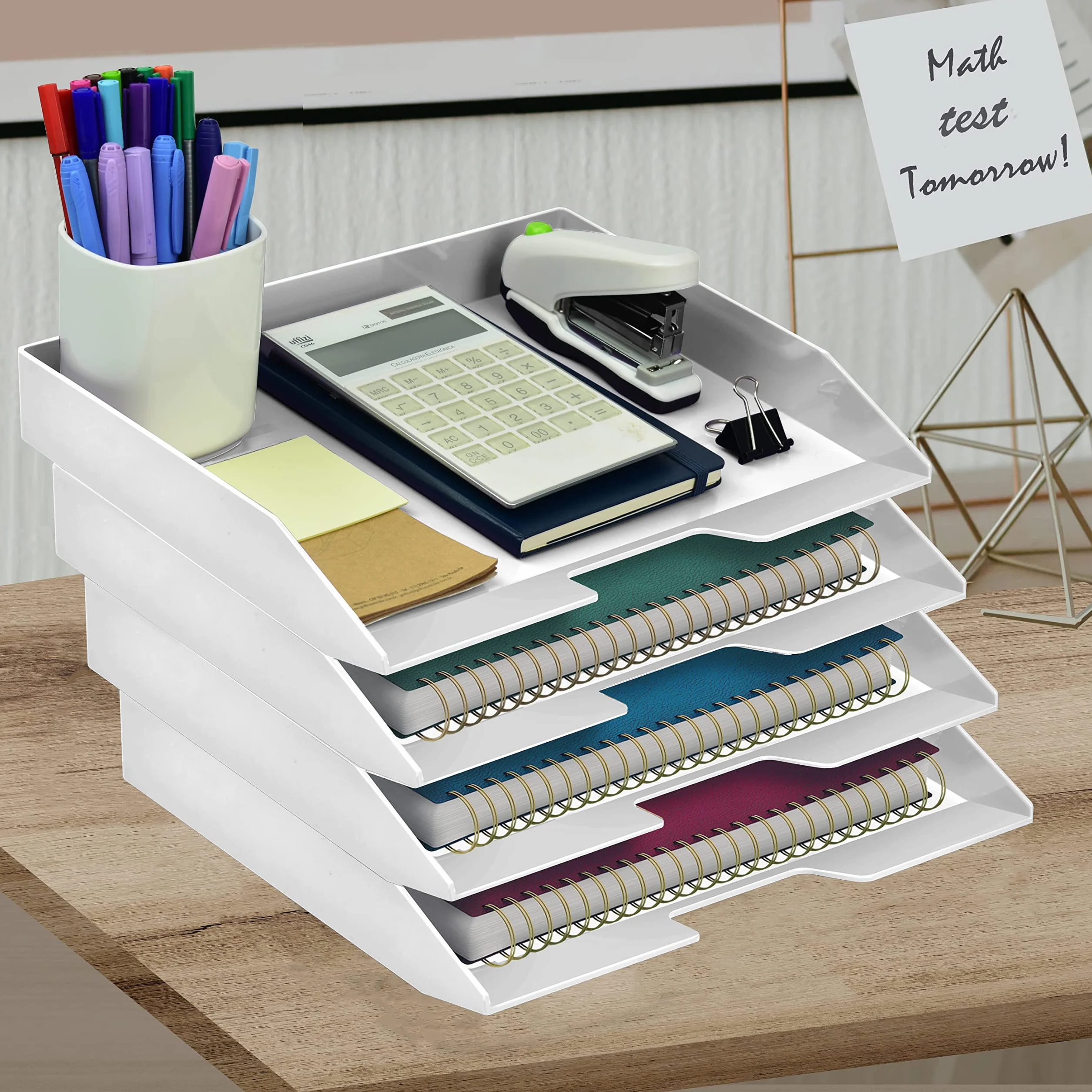 Acrimet Corbeille à Courrier Empilable Format Paysage Organiseur Bureau Papier A4 Plastique Résistant Blanc Lot de 4