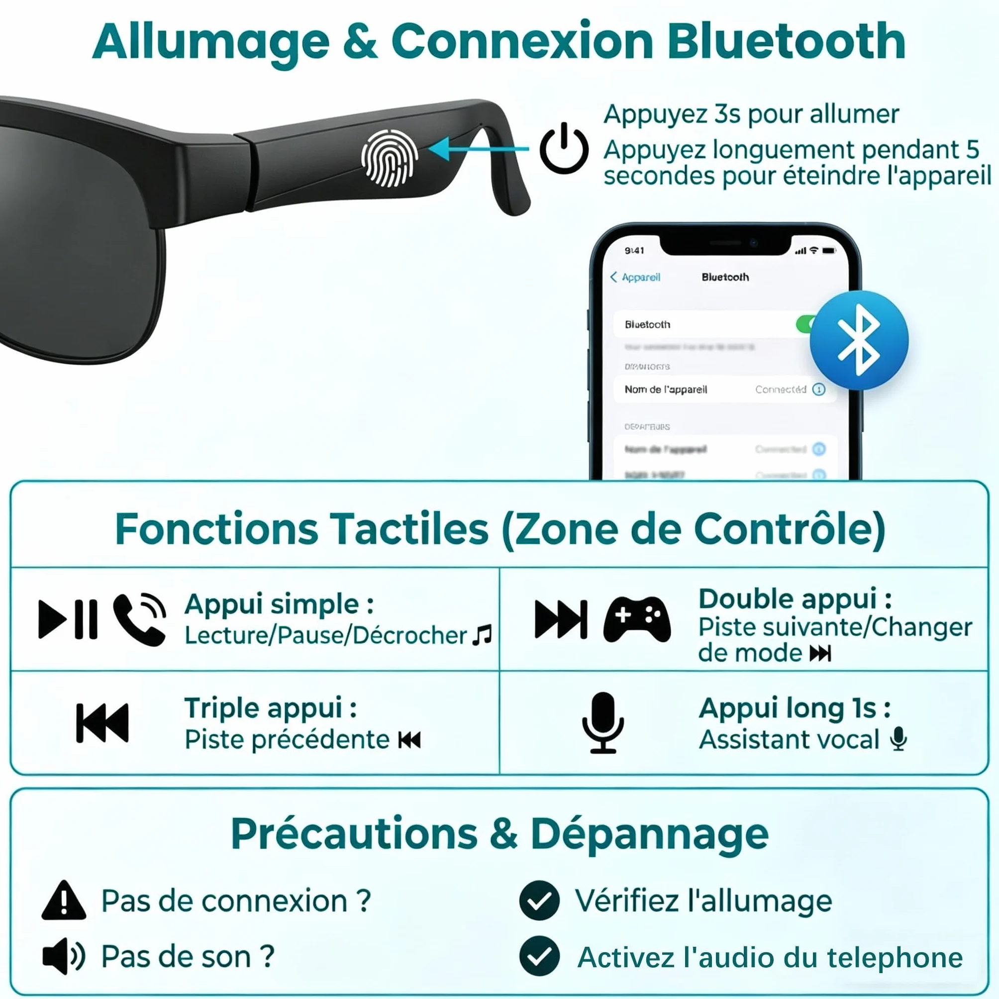 Lunettes Connectées Bluetooth IA Traduction Vocale Smart Glasses Appels Musique UV400 Hommes Femmes