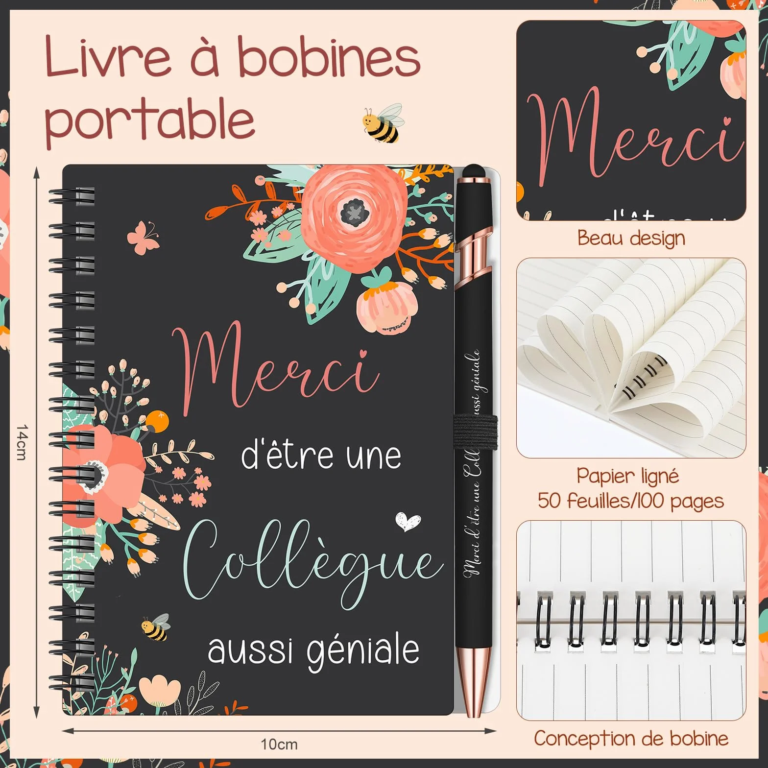 Sinmoe Cadeau pour Collègue Femme Set 3 Pièces Mini Carnet Spirale Stylo Noir Porte-Clé Fleur Départ Retraite