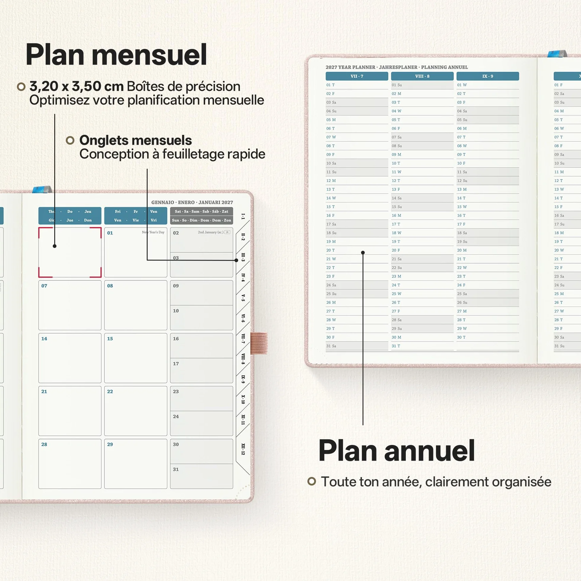 Agenda Semainier de Luxe 2026-2027 A5 Cuir PU Rose Clair 18 Mois