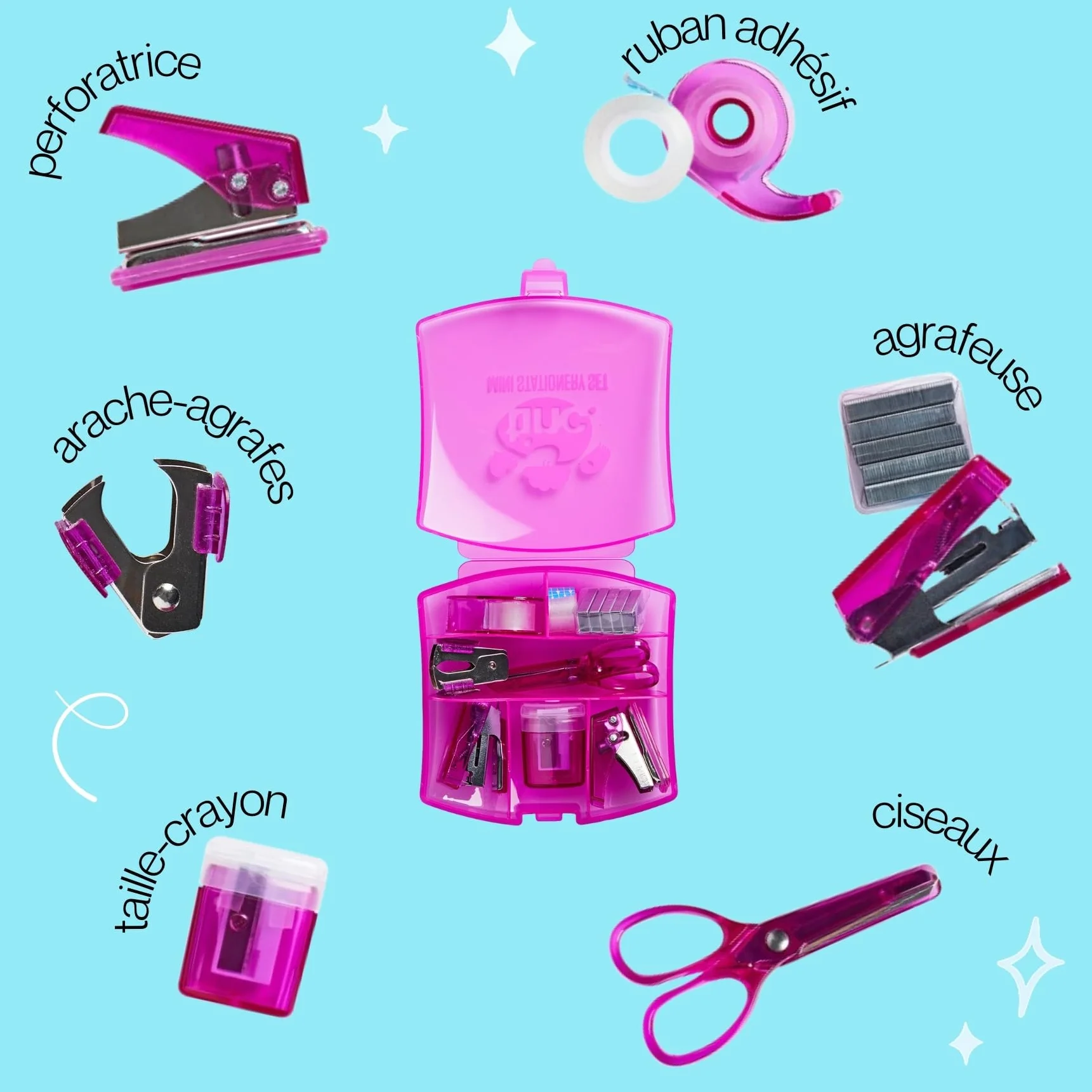 Mini Kit de Papeterie avec Agrafeuse, Ruban Adhésif, Ciseaux, Taille-crayon et Dégrafeuse - Fournitures de Bureau Compactes Rose