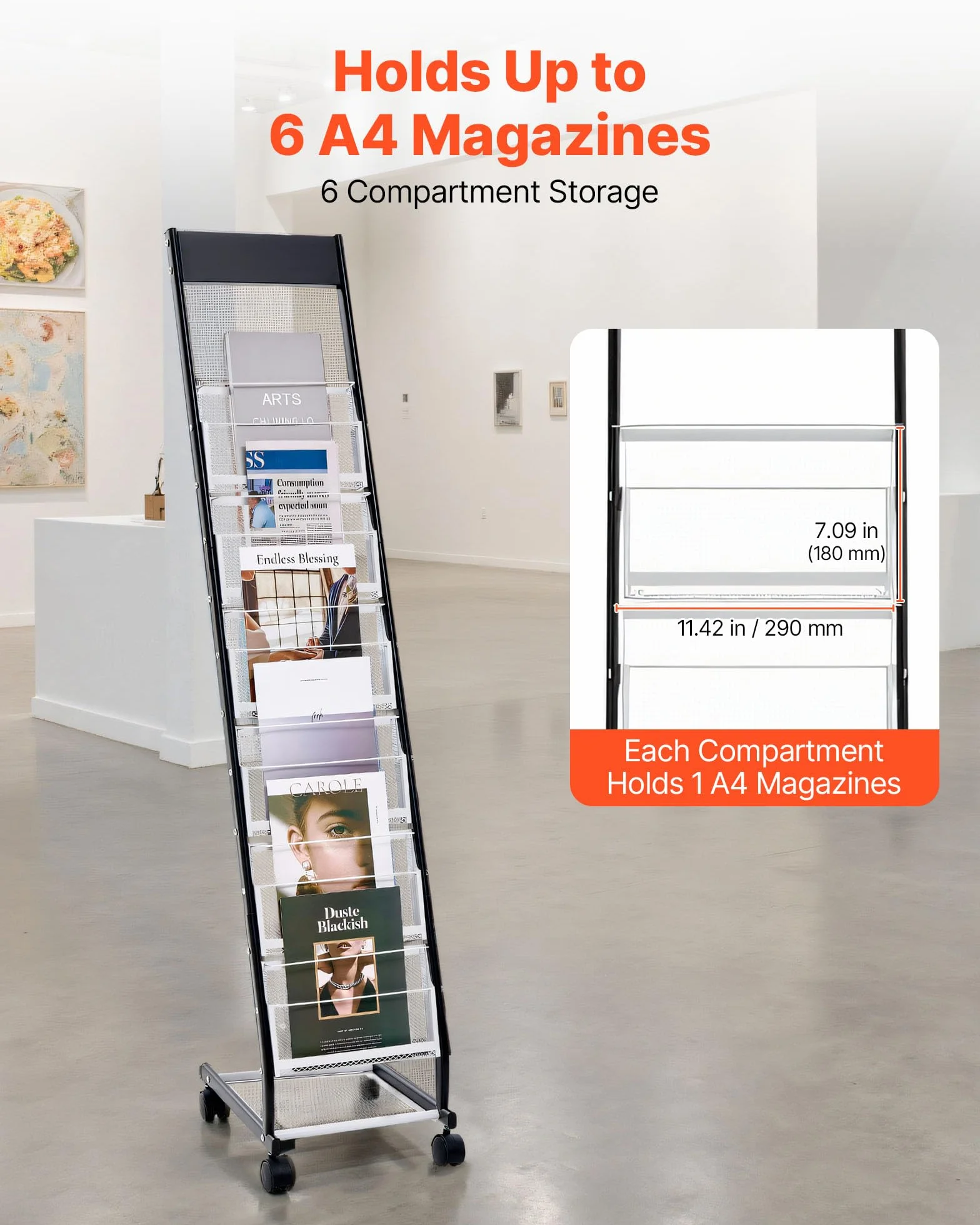 VEVOR Présentoir à brochures 6 niveaux, porte-brochures sur pied avec roulettes, porte-revue en métal mobile pour expositions