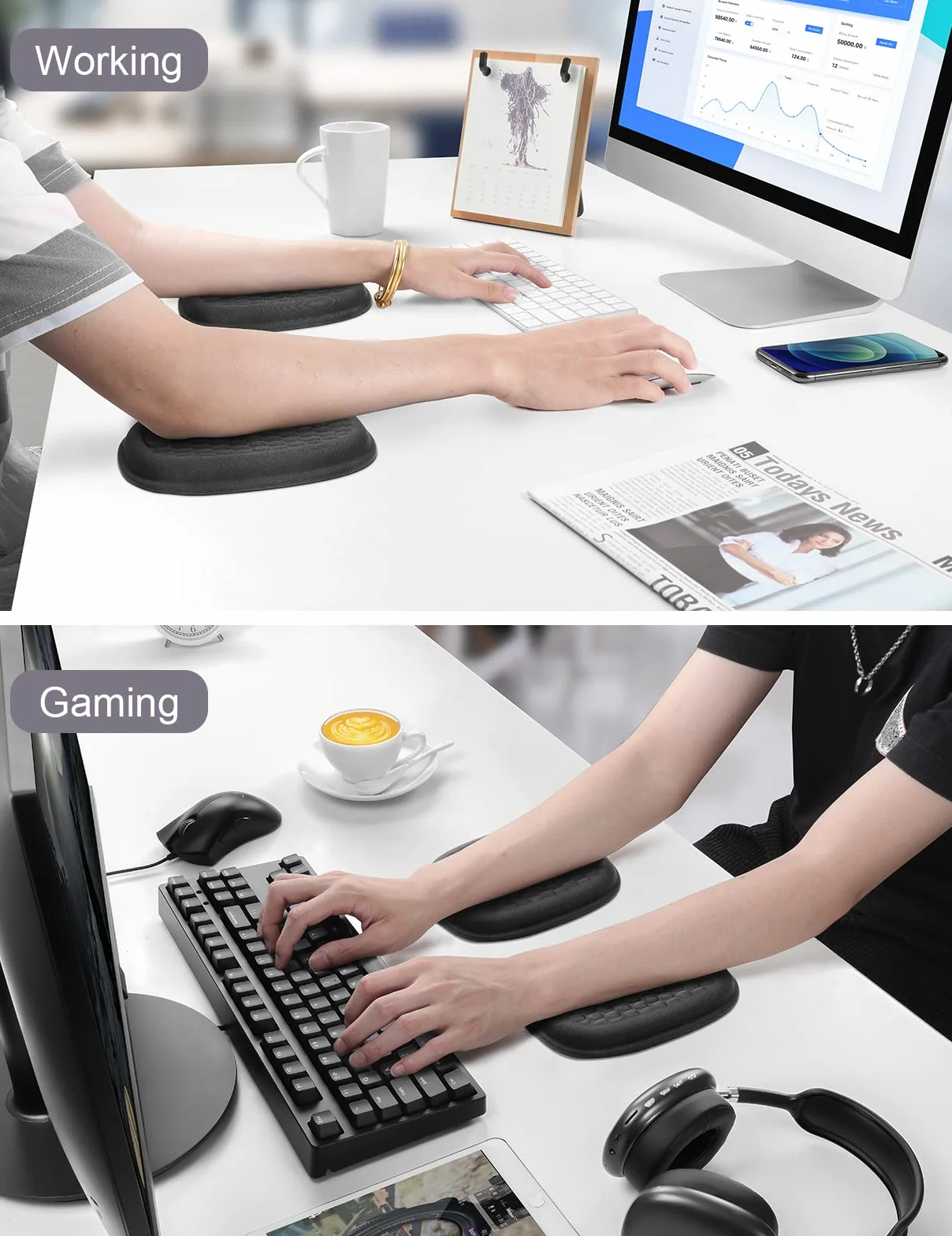 Vaydeer Accoudoir en gel ergonomique à mémoire de forme Noir 1 paire