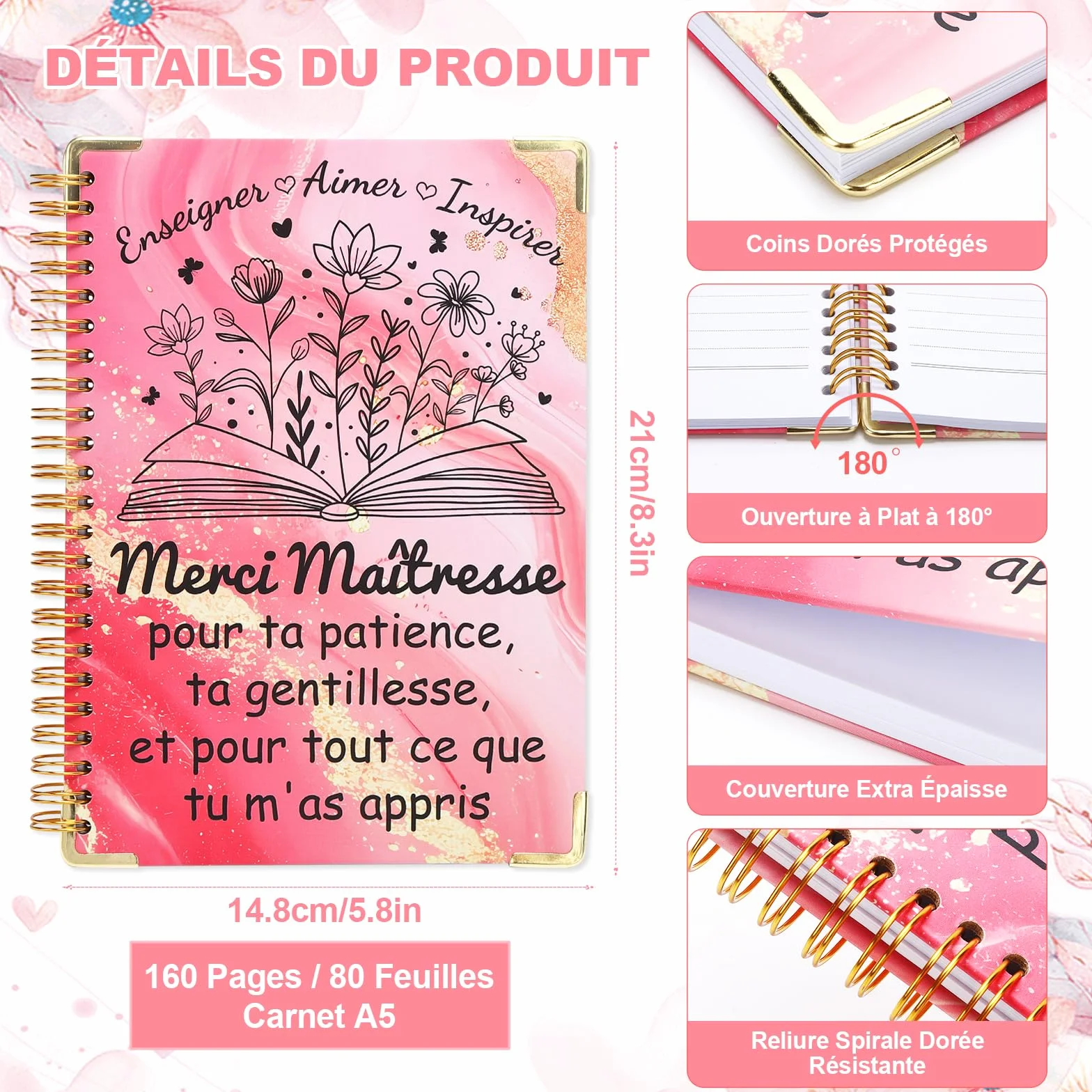 Echehi Merci Maîtresse Cadeau Avec Carnet A5 Stylo Porte-Clés Coffret Cadeau Maitresse d'École Fin d'Année