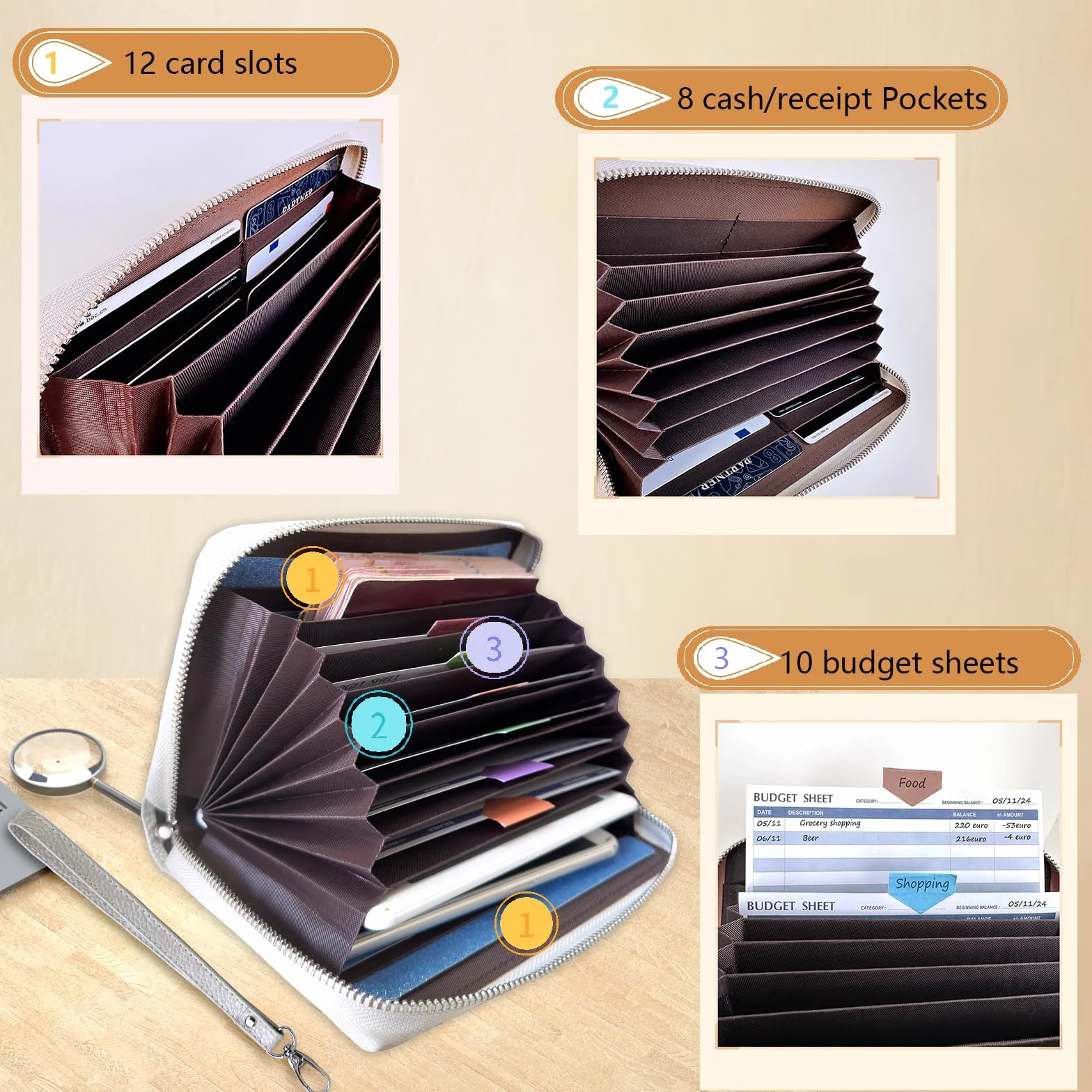 Système de budget multifonctionnel avec 12 feuilles de budget, étiquettes de catégorie et bracelet 19cm * 13cm Argent