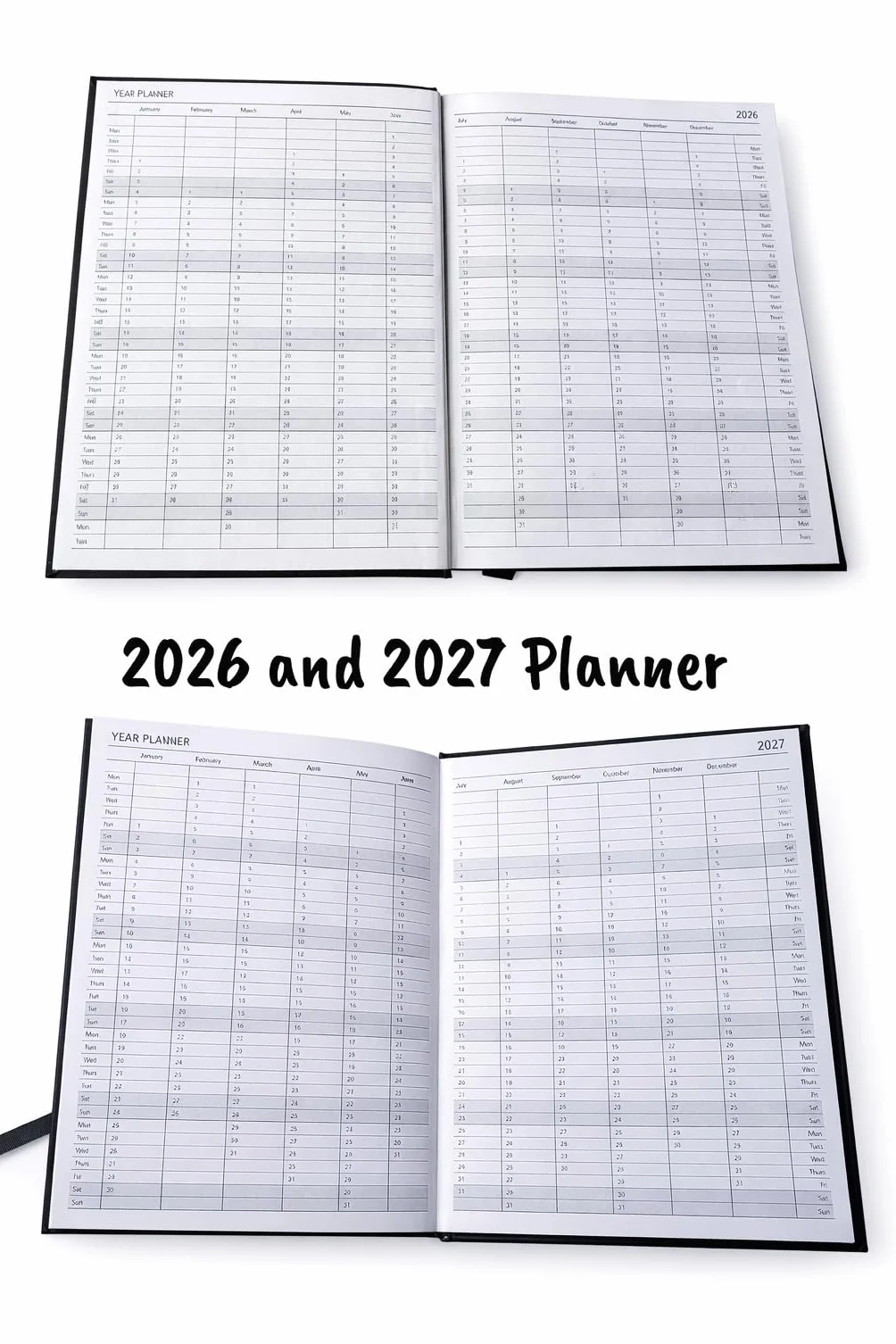 Agenda 2026 A4 2 pages par jour Grand journalier Couverture rigide Noir