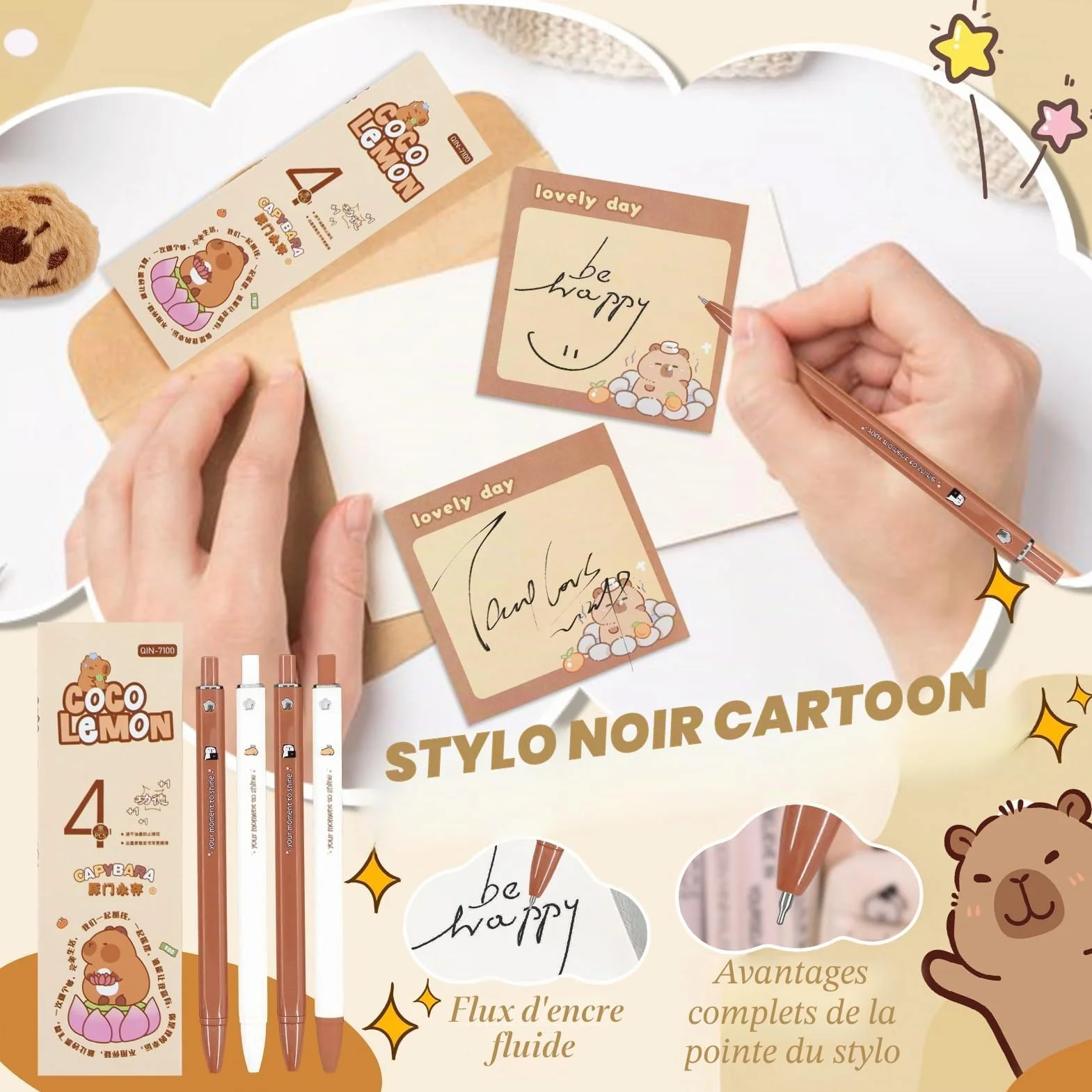 Set de Fournitures Scolaires Capybara - Trousse en Tissu, 10 Autocollants, Peluche, Badge, Porte-Clés, Bloc-Notes, 4 Stylos Gel & Clip