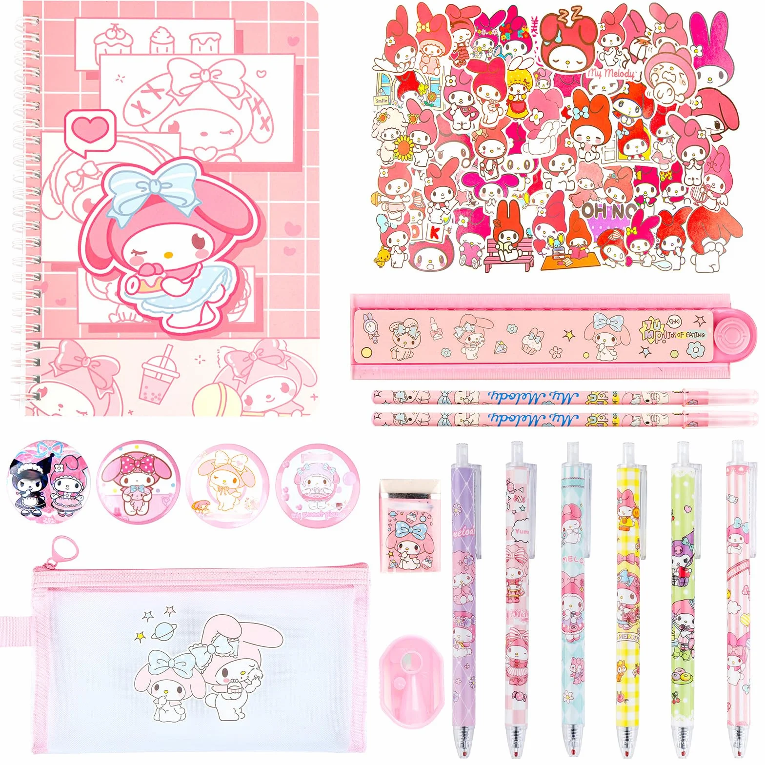Ensemble Kawaii Mel-dy avec stylos, autocollants, trousse rose pour rentrée scolaire