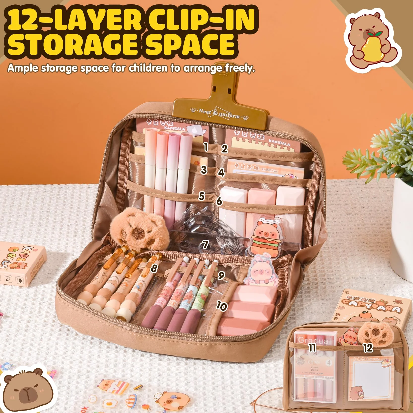 Kit de Fournitures Scolaires Capybara avec Trousse – Set Cadeau pour Enfants, Stylos, Règles