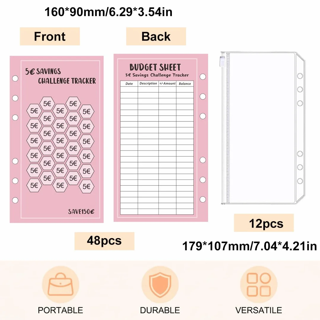 Kit Budget Planner A6 – 12 Portefeuilles à Fermeture Éclair, 8 Défis Économies, Accessoire Organisation Argent