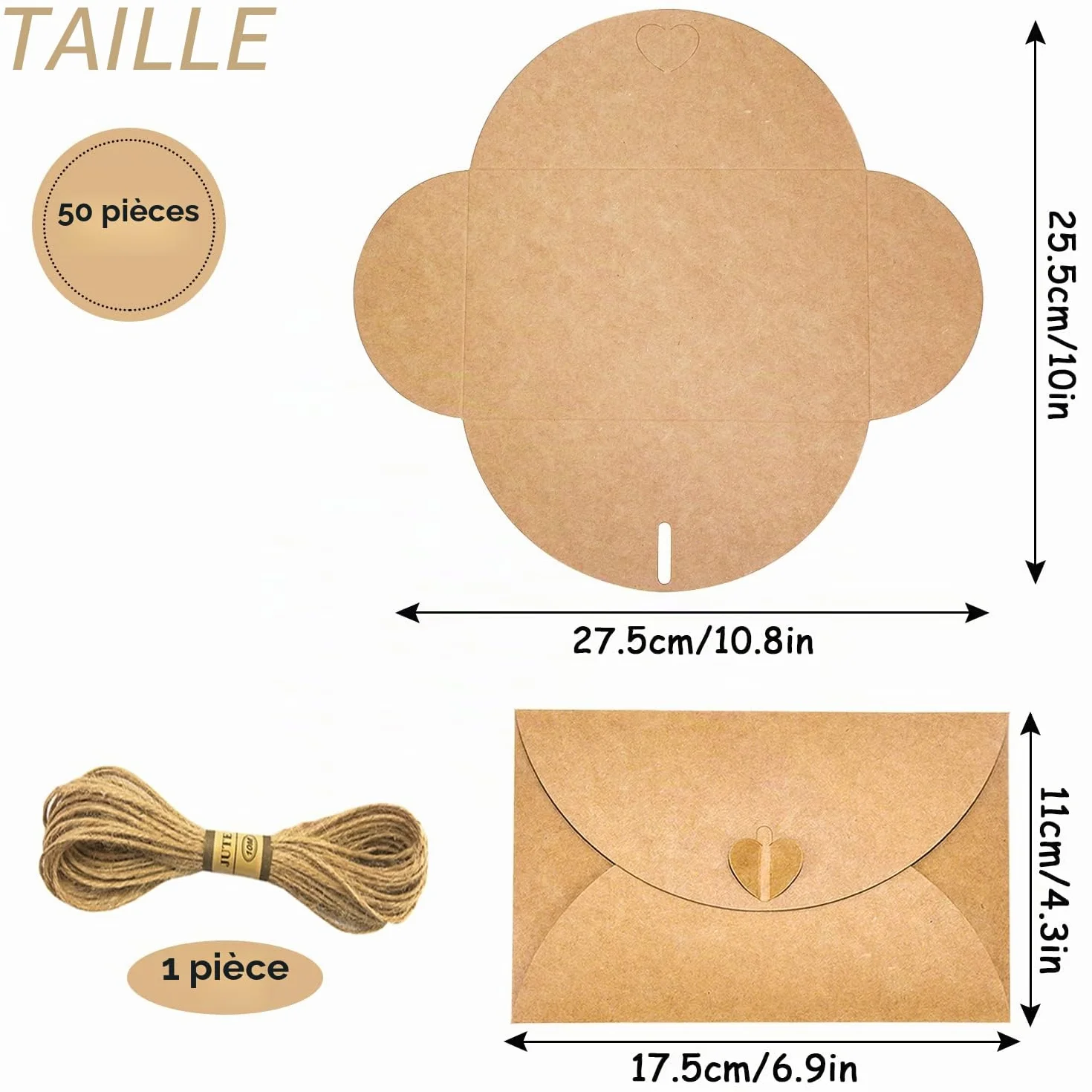 Enveloppes en Papier Kraft 50pcs 17.5x11cm Mini Enveloppe Carte Cadeau avec Coeur Fermoir