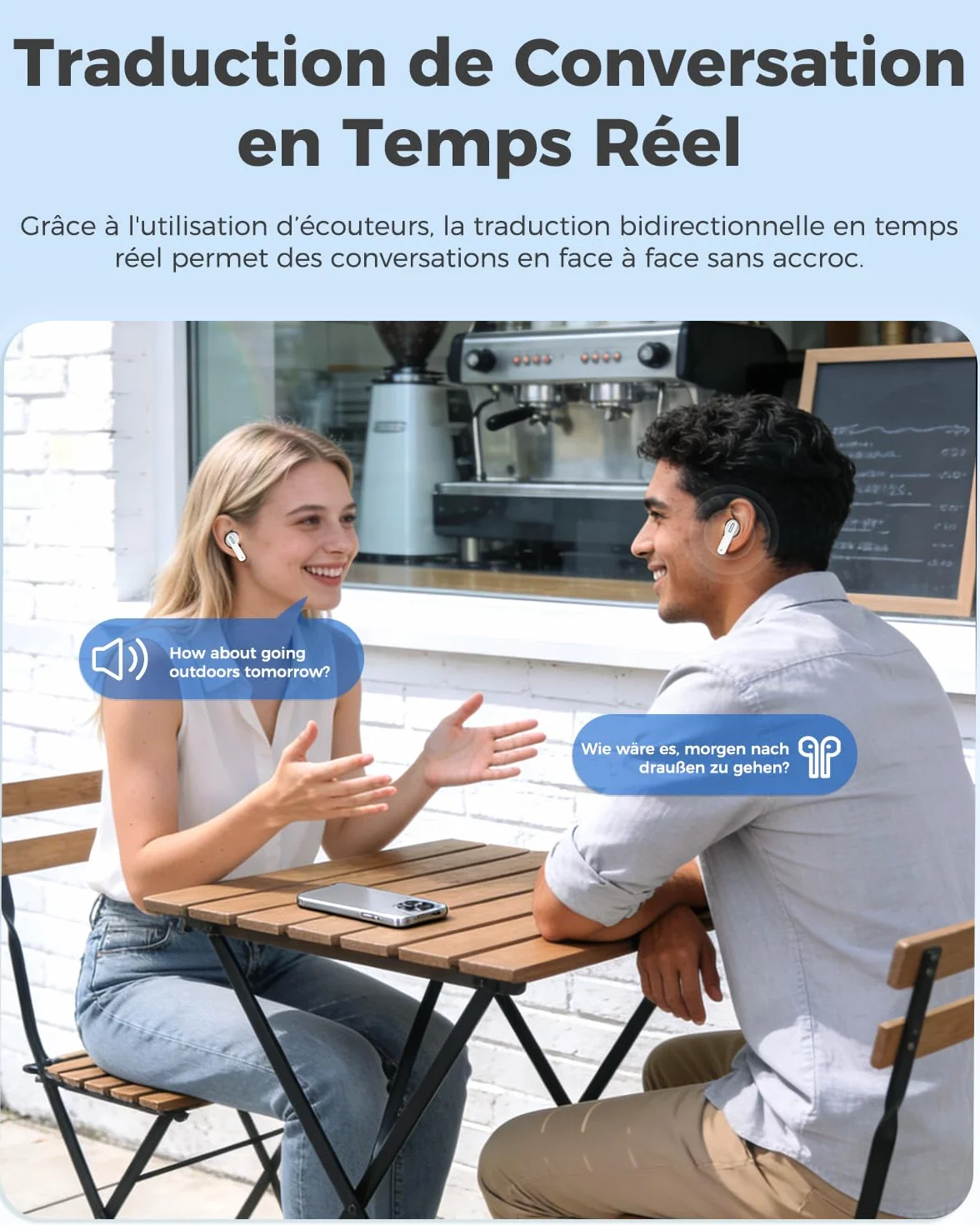Écouteur Traducteur Instantané IA NE49 5-1, 150 Langues 6 Modes, Bluetooth 6.0, Autonomie 40h, Blanc