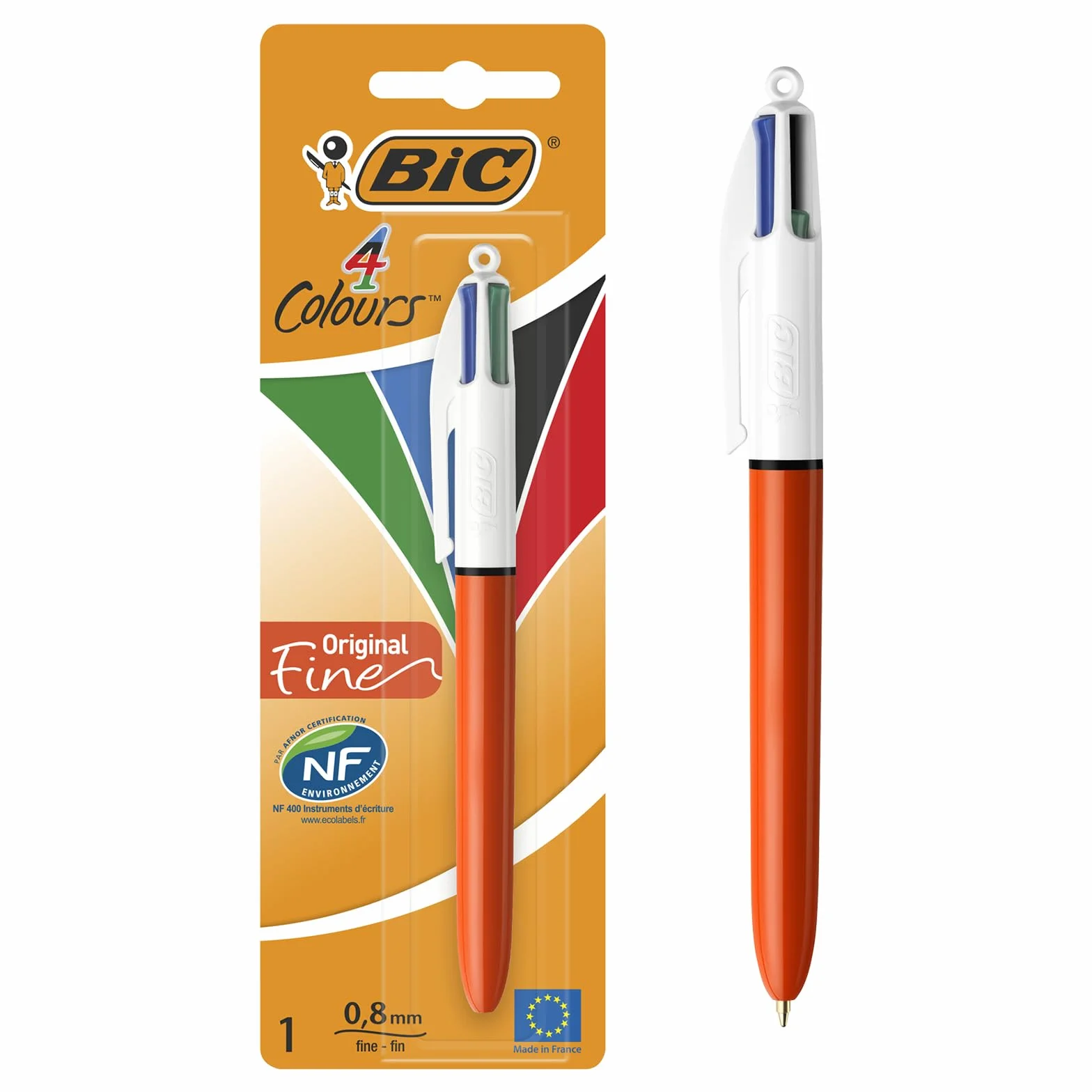 BIC 4 Couleurs Original Stylo-Bille Rétractable Pointe Fine 0,8 mm Blister de 1